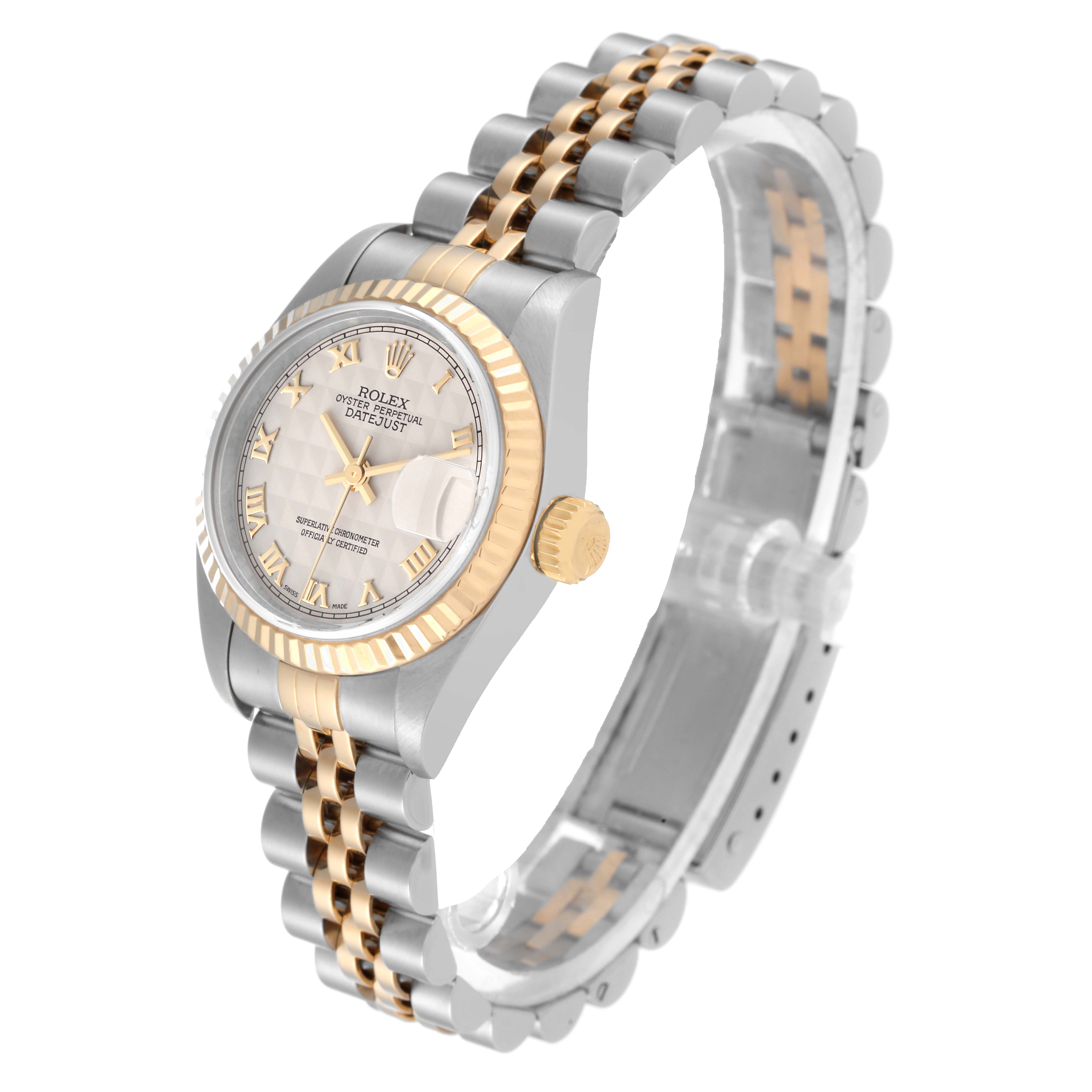 This image shows a Rolex Datejust 79173 Women's Steel and Gold (two tone) White Dial 79173 Women's Steel and Gold (two tone) White Dial watch at a slight angle, displaying its dial, bezel, crown, and part of the bracelet.