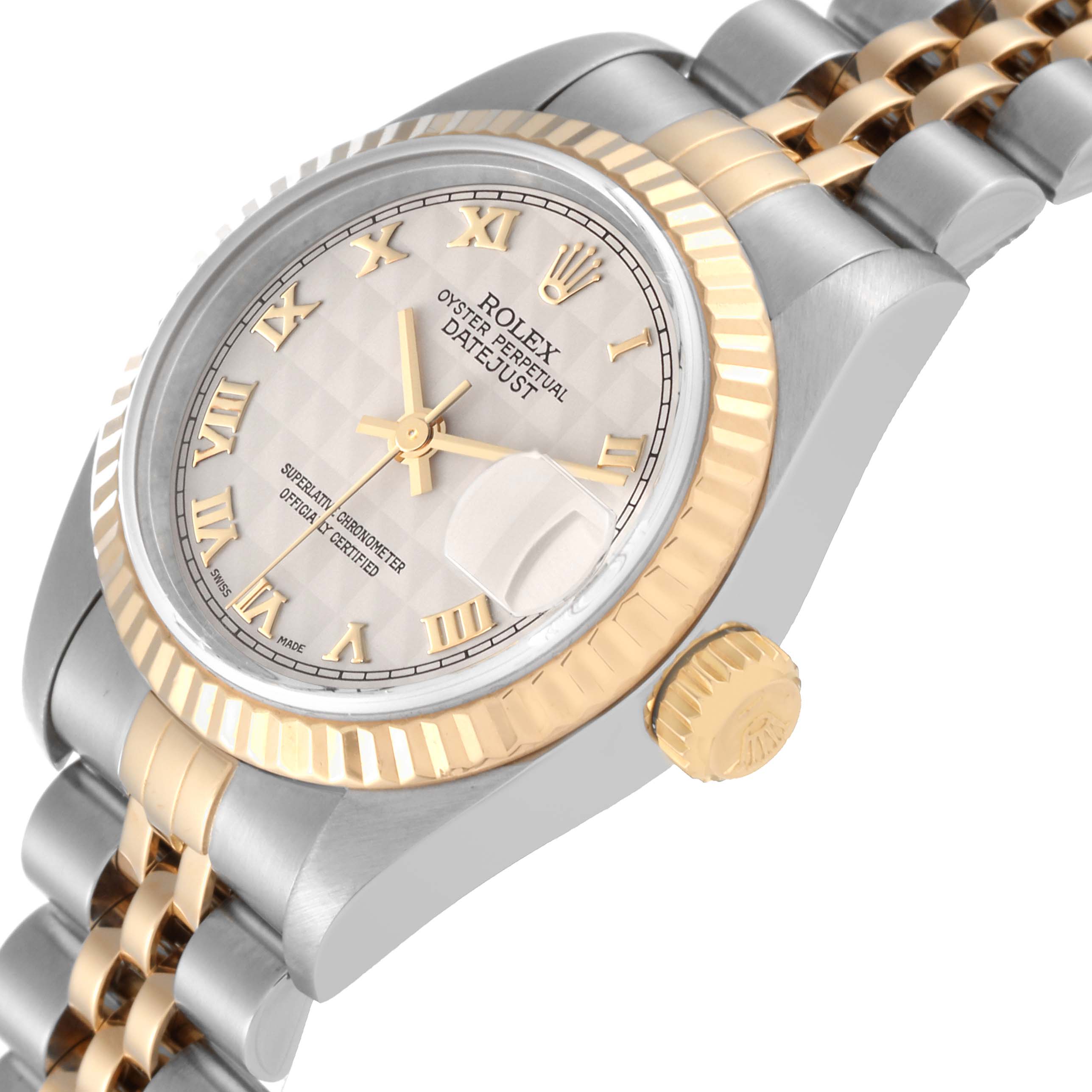 The image shows the Rolex Datejust 79173 Women's Steel and Gold (two tone) White Dial 79173 Women's Steel and Gold (two tone) White Dial watch at an angle highlighting the dial, bezel, crown, and part of the bracelet.