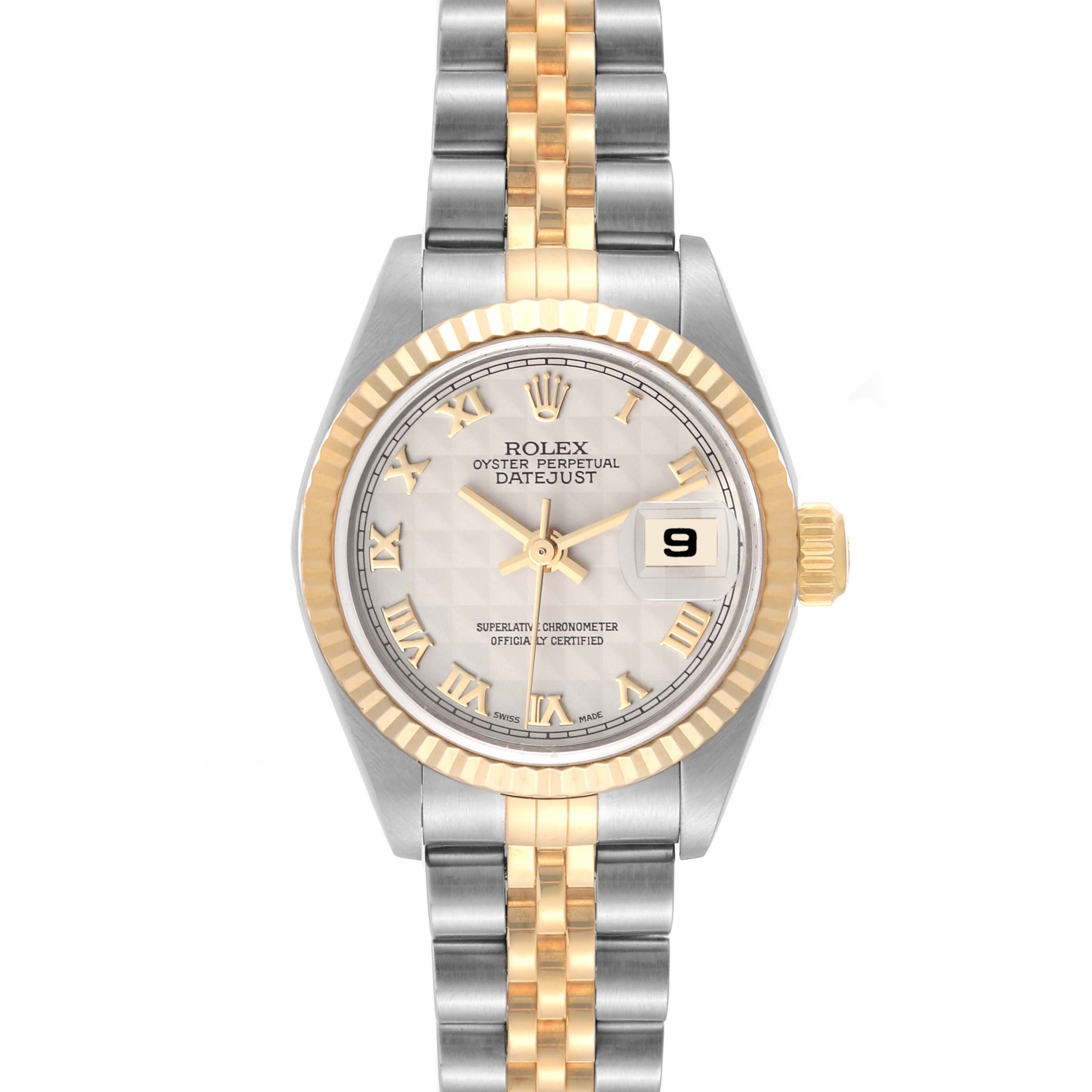The image shows a front view of a Rolex Datejust 79173 Women's Steel and Gold (two tone) White Dial 79173 Women's Steel and Gold (two tone) White Dial watch, highlighting its dial, bezel, crown, and two-tone bracelet.