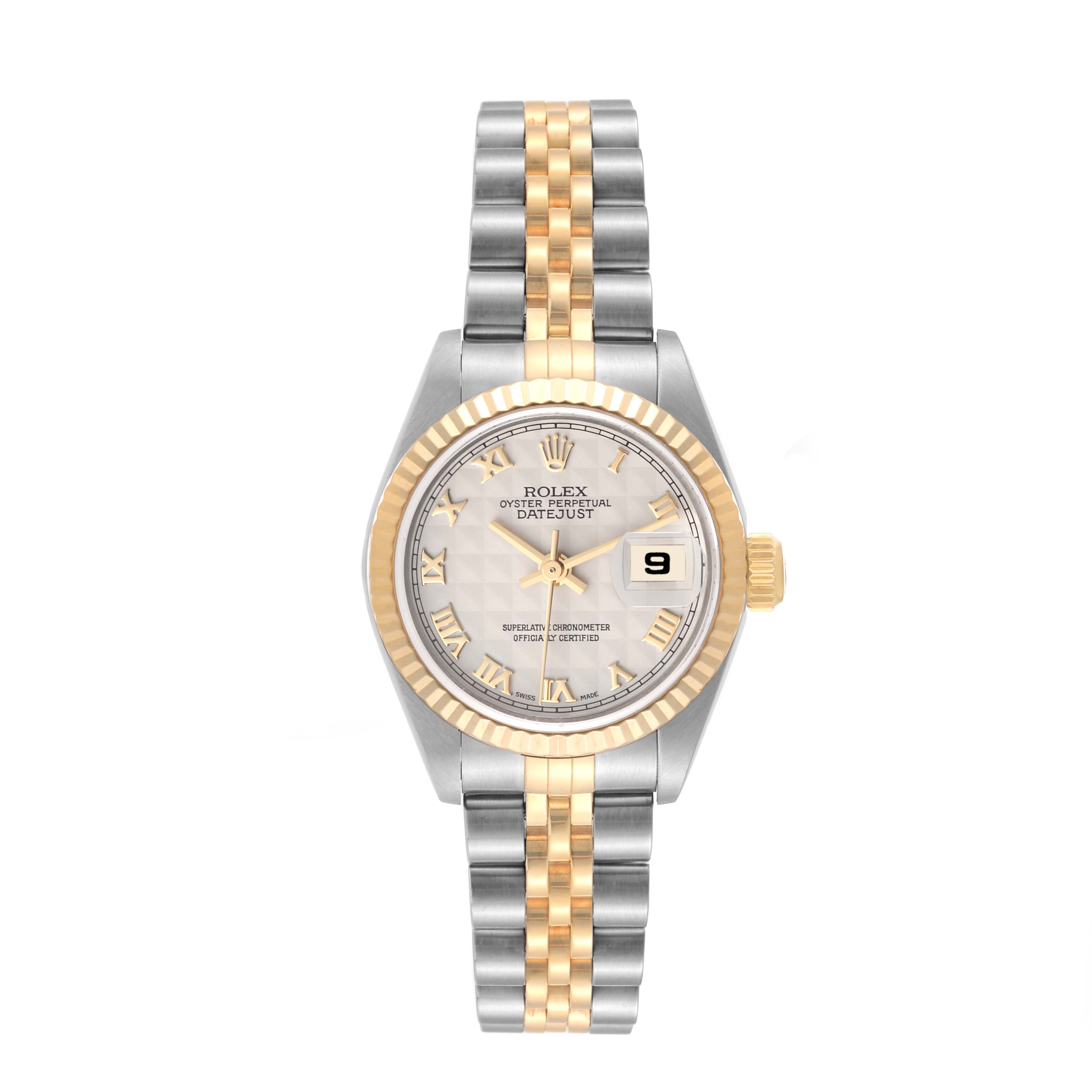 The image shows a Rolex Datejust 79173 Women's Steel and Gold (two tone) White Dial 79173 Women's Steel and Gold (two tone) White Dial watch from the front, highlighting its dial, date window, and two-tone bracelet.