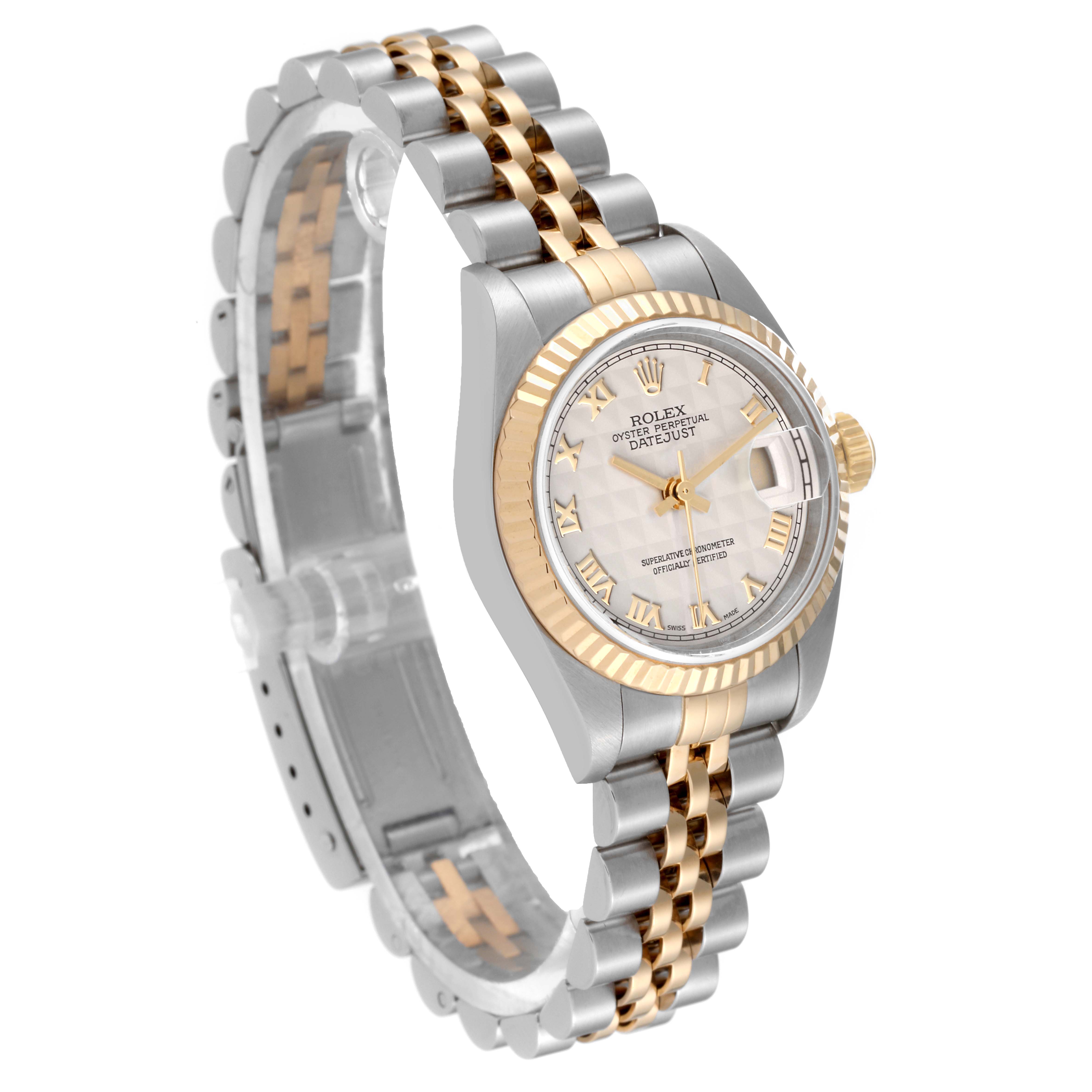 The image shows a Rolex Datejust 79173 Women's Steel and Gold (two tone) White Dial 79173 Women's Steel and Gold (two tone) White Dial watch at a three-quarter angle, displaying the dial, bezel, and part of the bracelet.