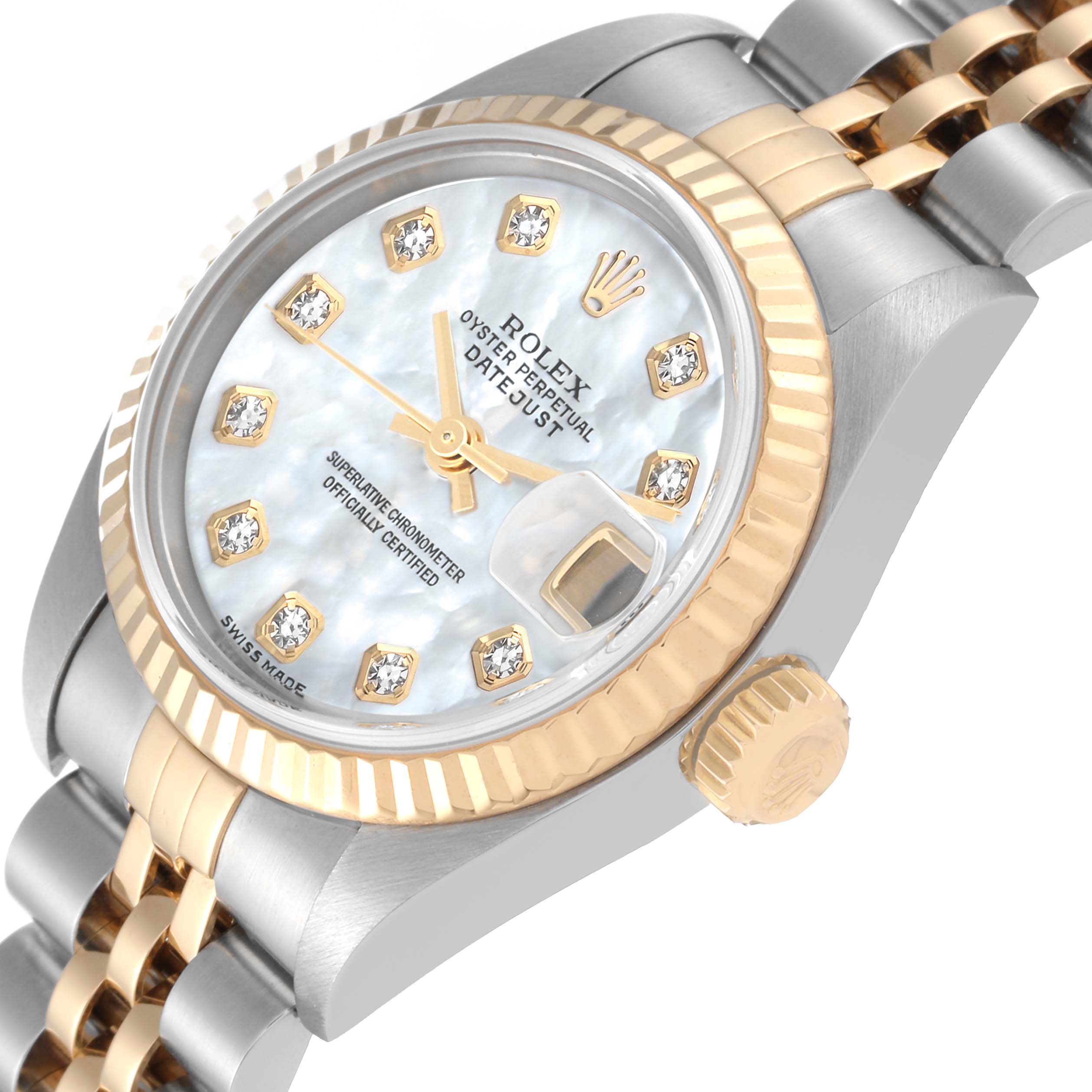 The image shows a close-up angle of a Rolex Datejust 79173 Women's Steel and Gold (two tone) Mother of Pearl Dial 79173 Women's Steel and Gold (two tone) Mother of Pearl Dial watch, highlighting the face, bezel, bracelet, and crown.