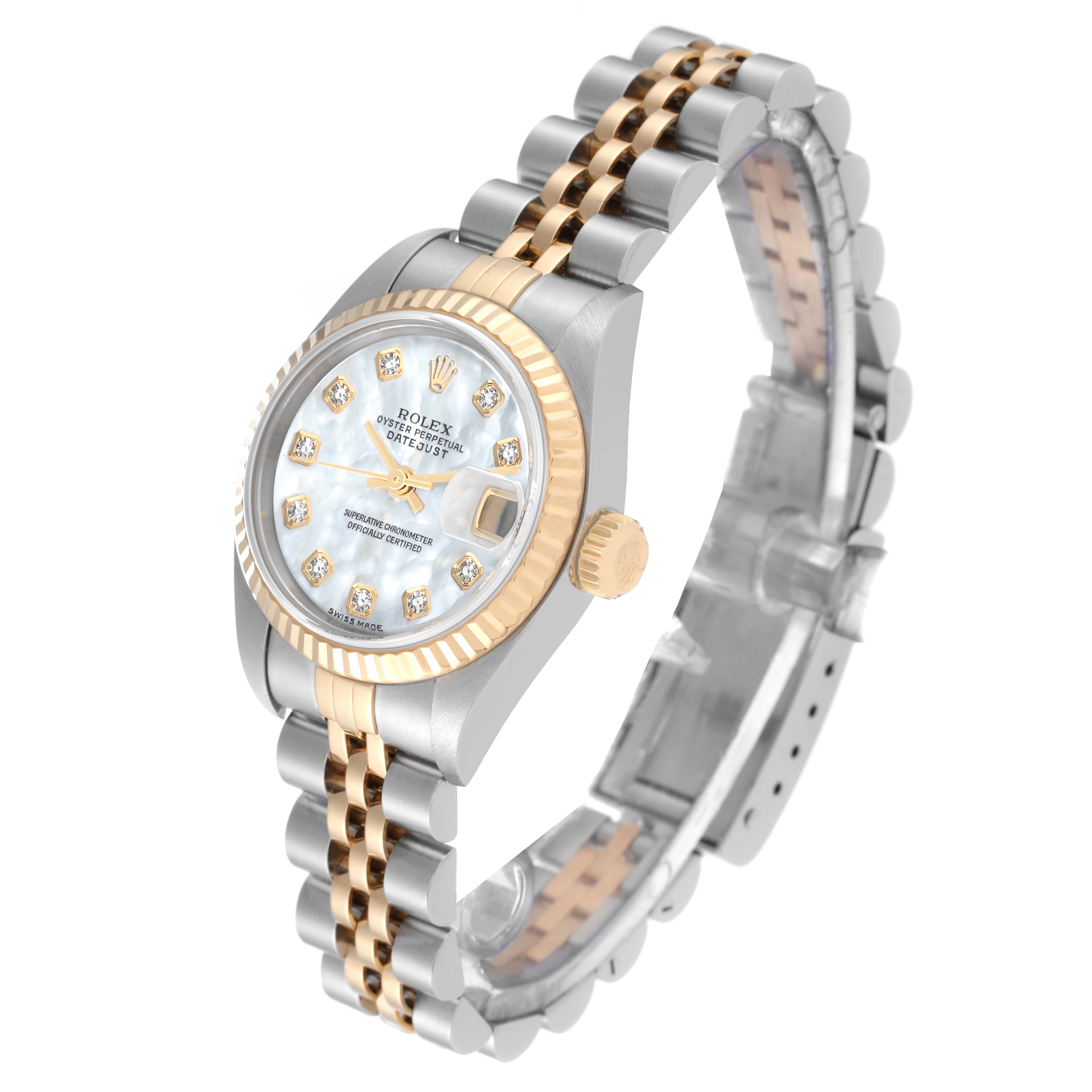 This Rolex Datejust 79173 Women's Steel and Gold (two tone) Mother of Pearl Dial 79173 Women's Steel and Gold (two tone) Mother of Pearl Dial watch is shown at an angled view, displaying its face, bezel, crown, and bracelet.