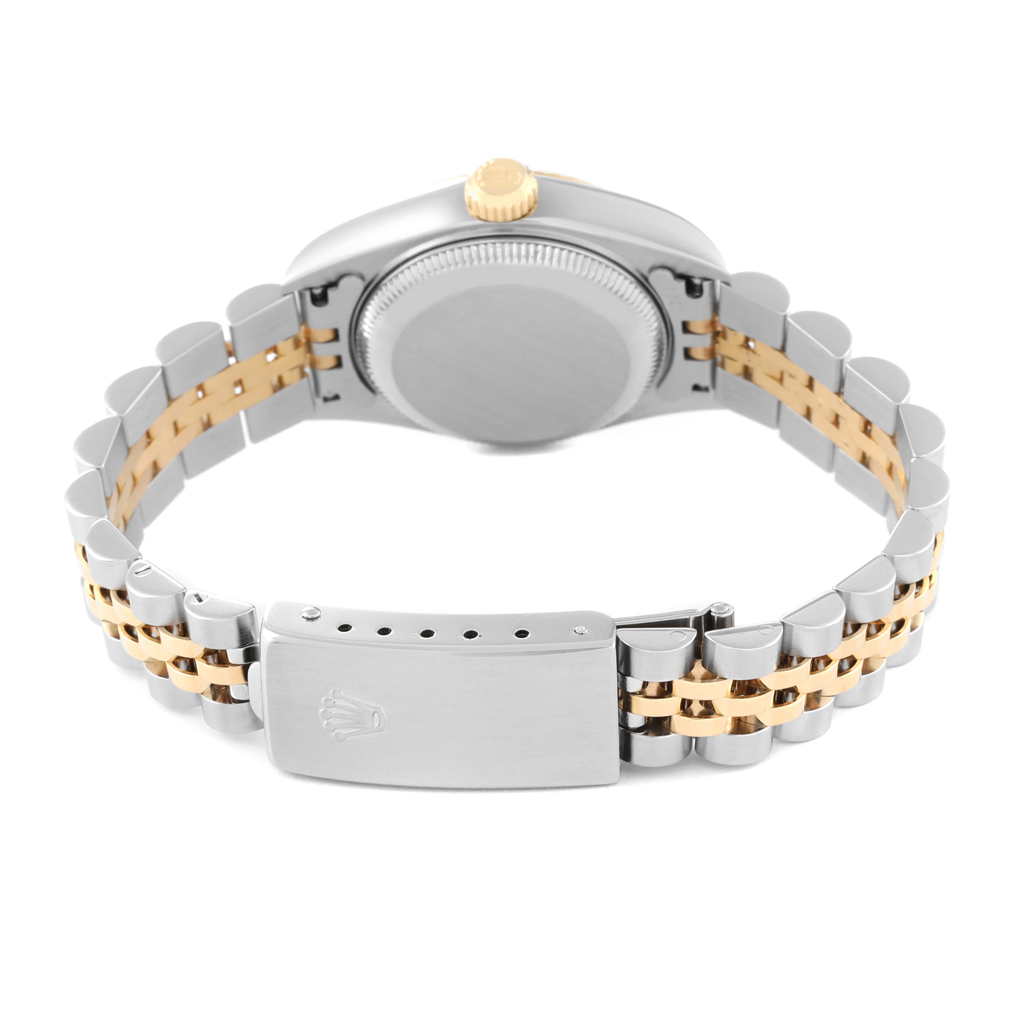 The image shows the back view of a Rolex Datejust 79173 Women's Steel and Gold (two tone) Mother of Pearl Dial 79173 Women's Steel and Gold (two tone) Mother of Pearl Dial watch, highlighting the case back, Jubilee bracelet, and deployment clasp.