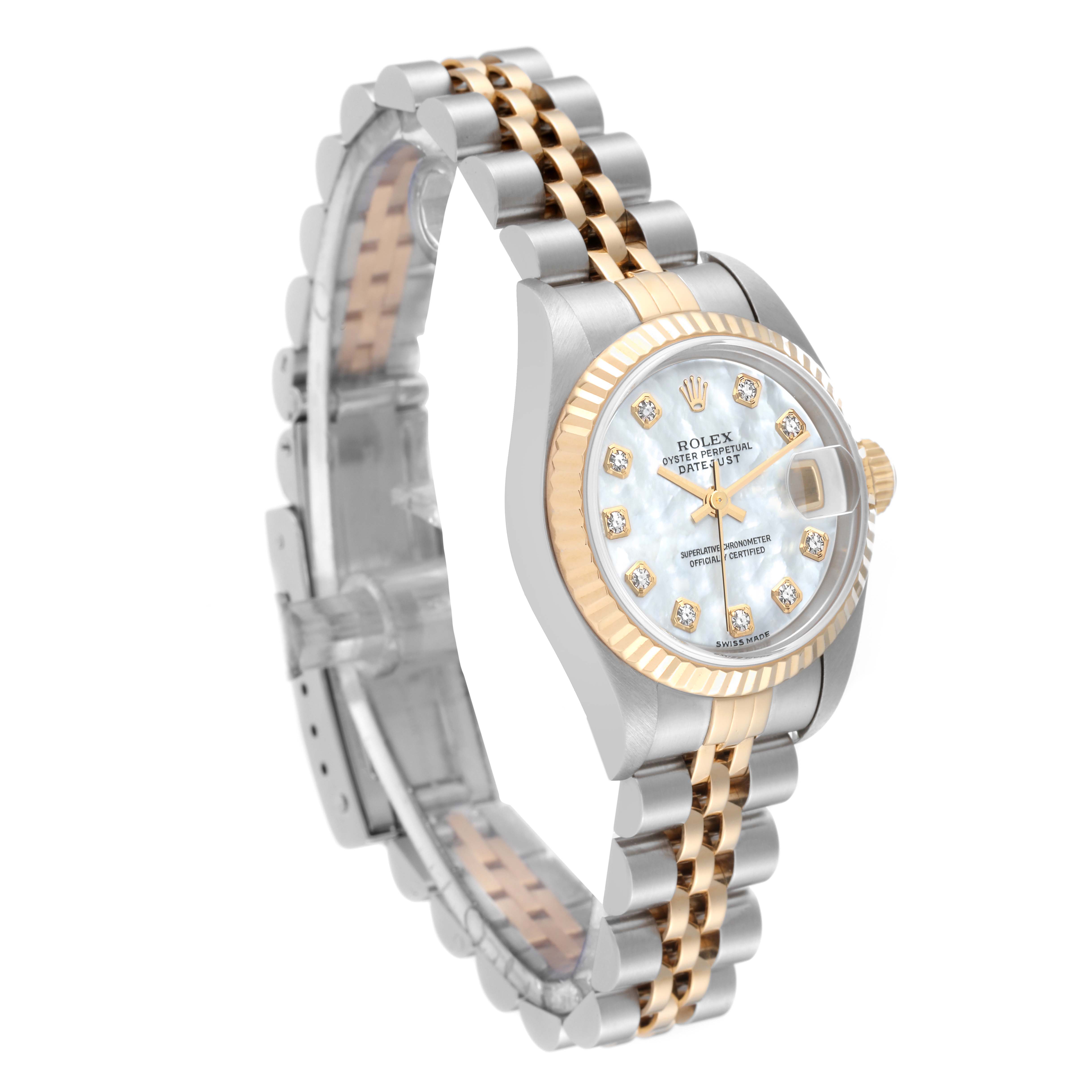 The image shows a Rolex Datejust 79173 Women's Steel and Gold (two tone) Mother of Pearl Dial 79173 Women's Steel and Gold (two tone) Mother of Pearl Dial watch at a three-quarter angle, highlighting its face, bezel, and two-tone bracelet.
