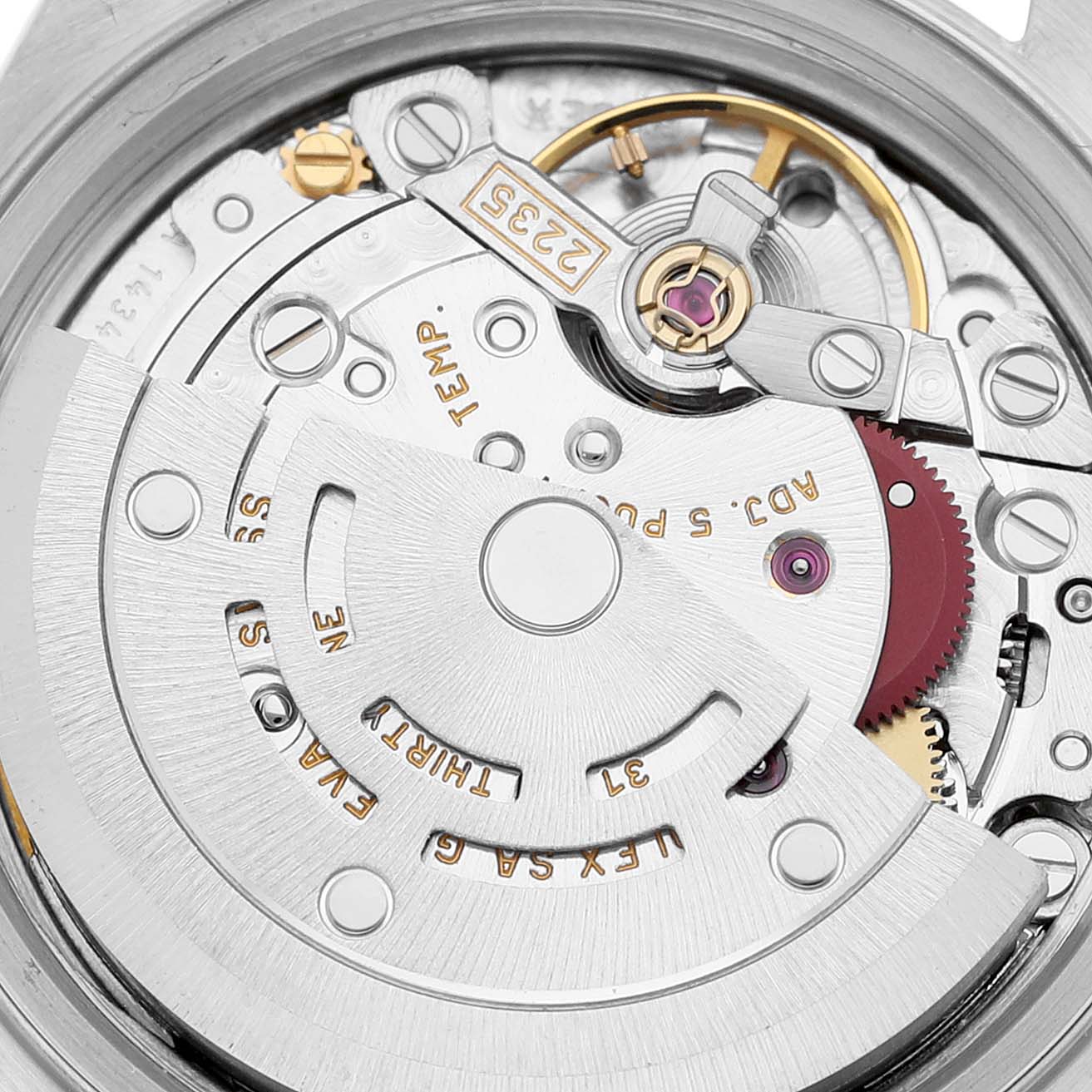 This is a close-up, top-down view of the internal movement mechanism of a Rolex Datejust 79173 Women's Steel and Gold (two tone) Mother of Pearl Dial 79173 Women's Steel and Gold (two tone) Mother of Pearl Dial watch.