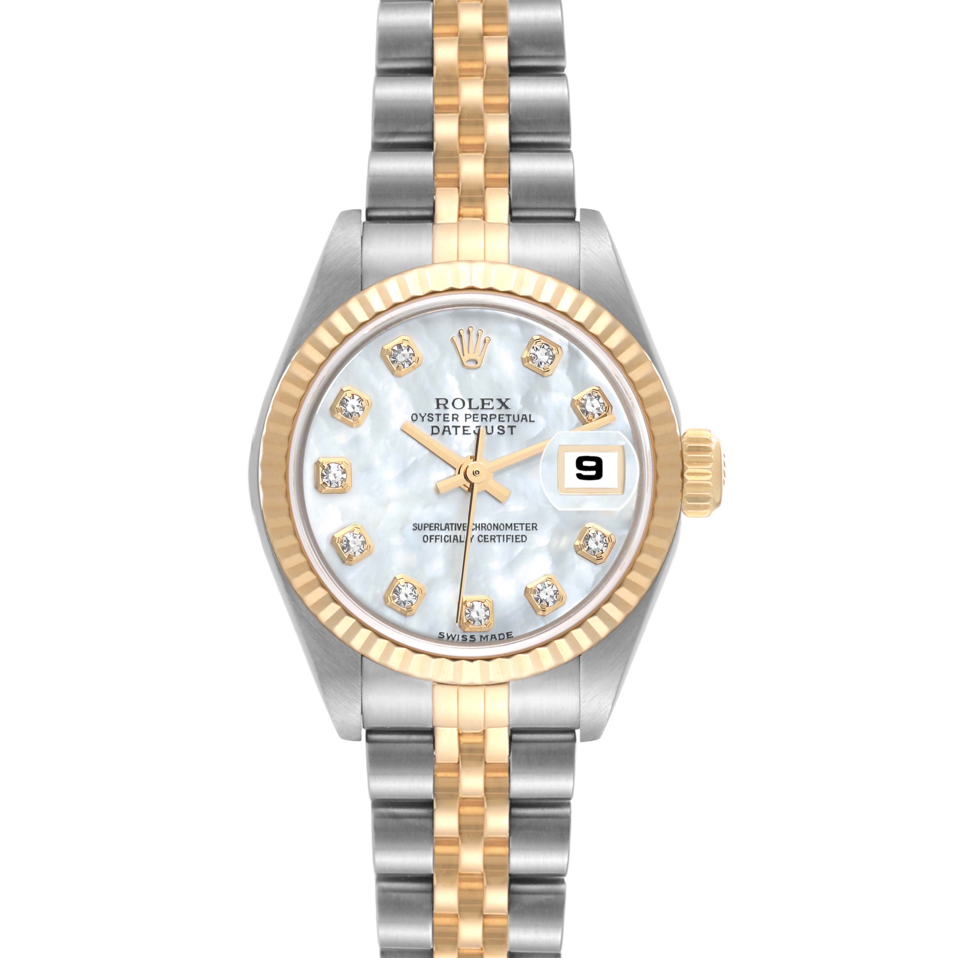 The Rolex Datejust 79173 Women's Steel and Gold (two tone) Mother of Pearl Dial 79173 Women's Steel and Gold (two tone) Mother of Pearl Dial watch is shown from a top-down angle, displaying its face, bezel, crown, and two-tone bracelet.