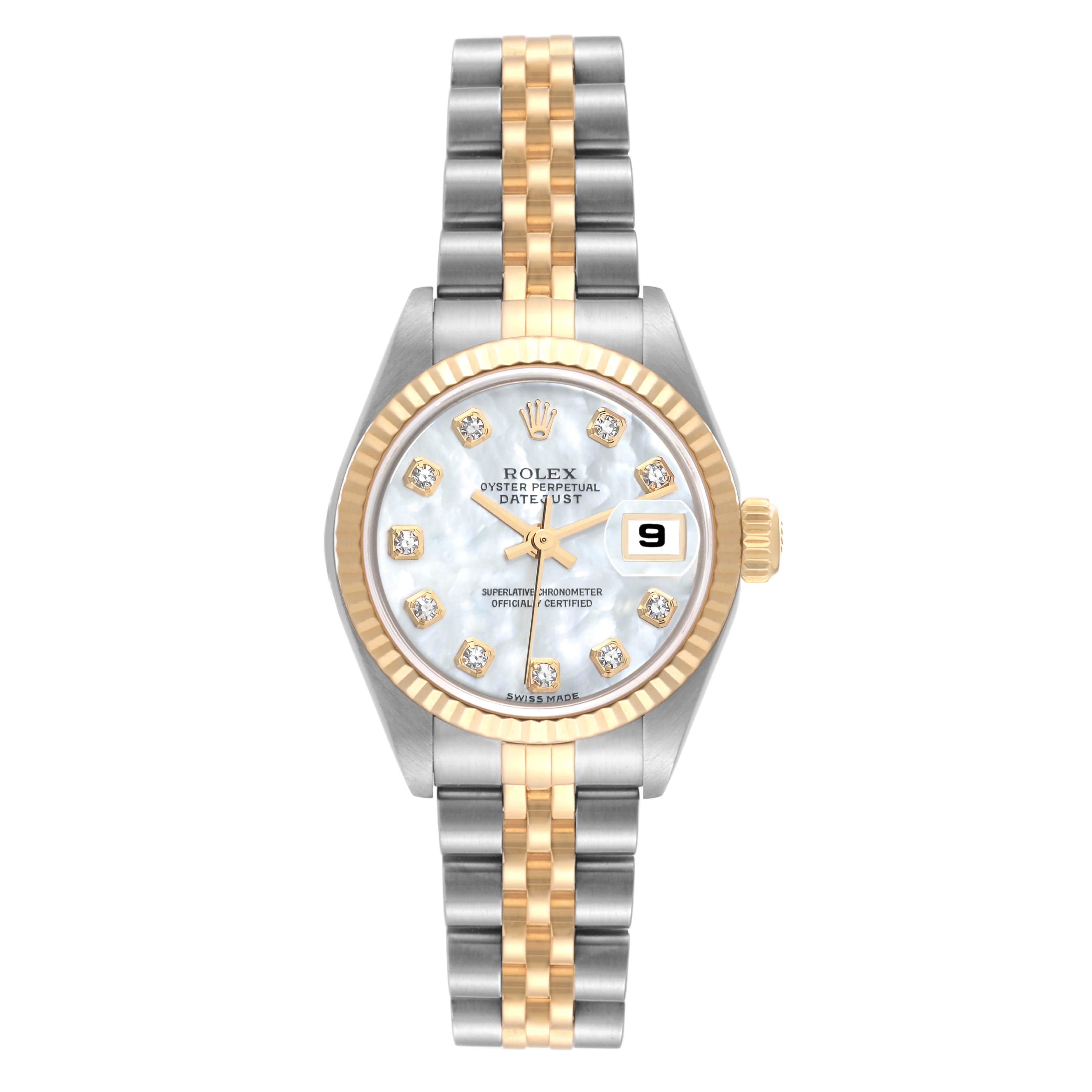 The Rolex Datejust 79173 Women's Steel and Gold (two tone) Mother of Pearl Dial 79173 Women's Steel and Gold (two tone) Mother of Pearl Dial watch shown from a front angle features a two-tone bracelet, diamond hour markers, fluted bezel, and date display.