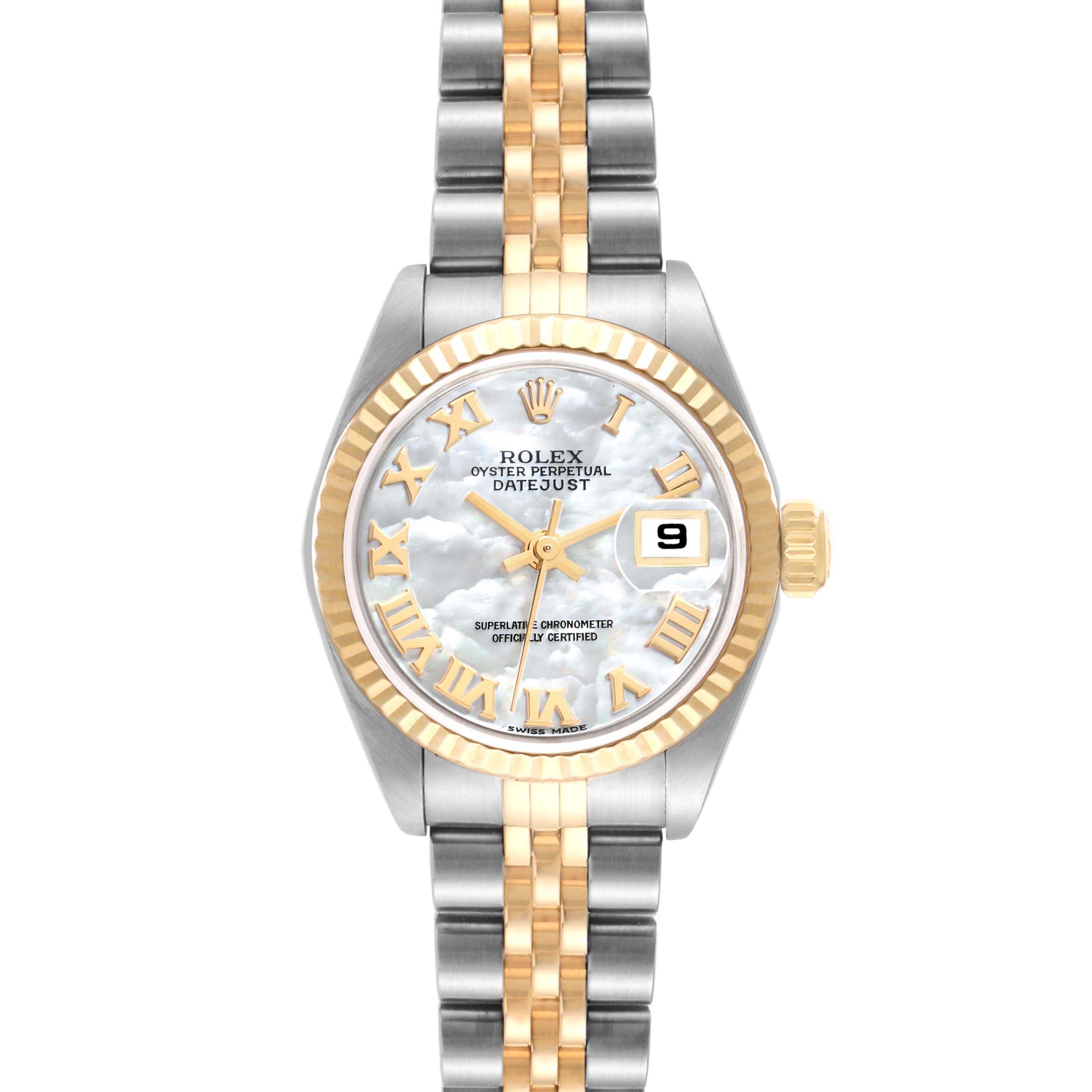 This image shows a frontal view of a Rolex Datejust 79173NR Women's Steel and Gold (two tone) Mother of Pearl Dial 79173NR Women's Steel and Gold (two tone) Mother of Pearl Dial watch, highlighting its dial, bracelet, bezel, and date window.