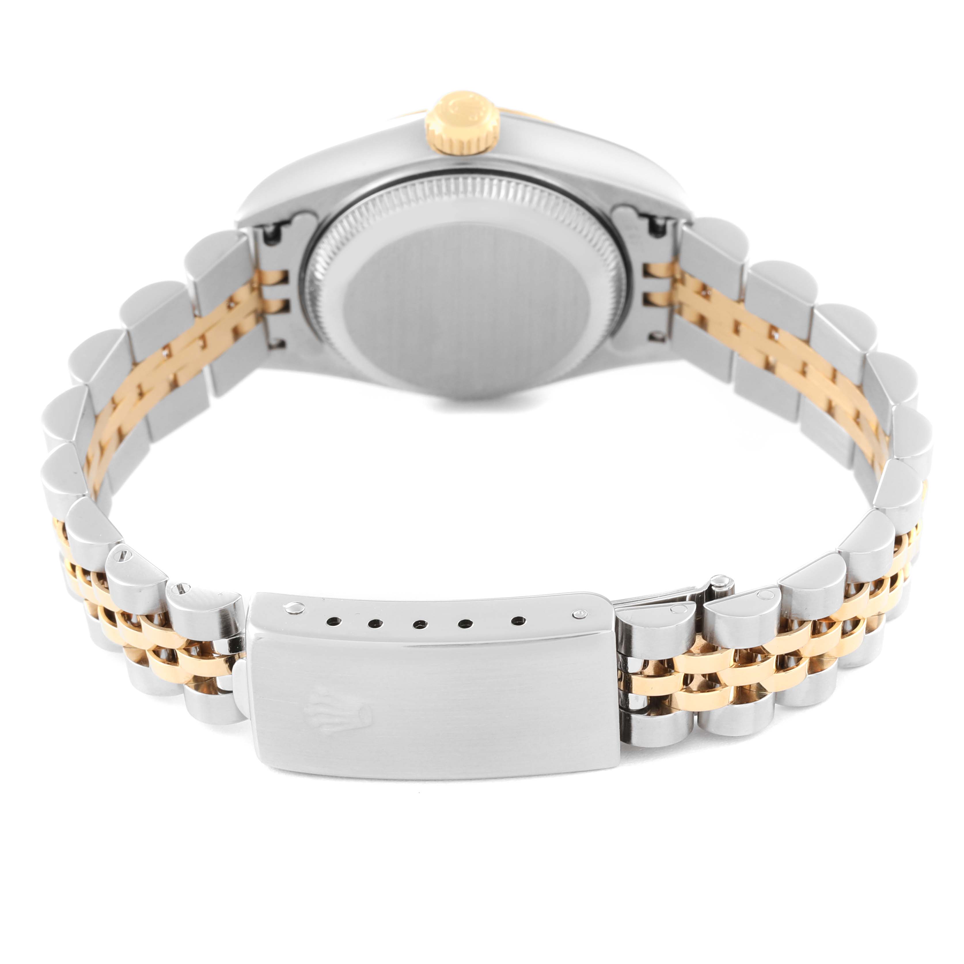 The image shows the back view of a Rolex Datejust 79173NR Women's Steel and Gold (two tone) Mother of Pearl Dial 79173NR Women's Steel and Gold (two tone) Mother of Pearl Dial watch, focusing on its case, crown, and bi-metal bracelet.