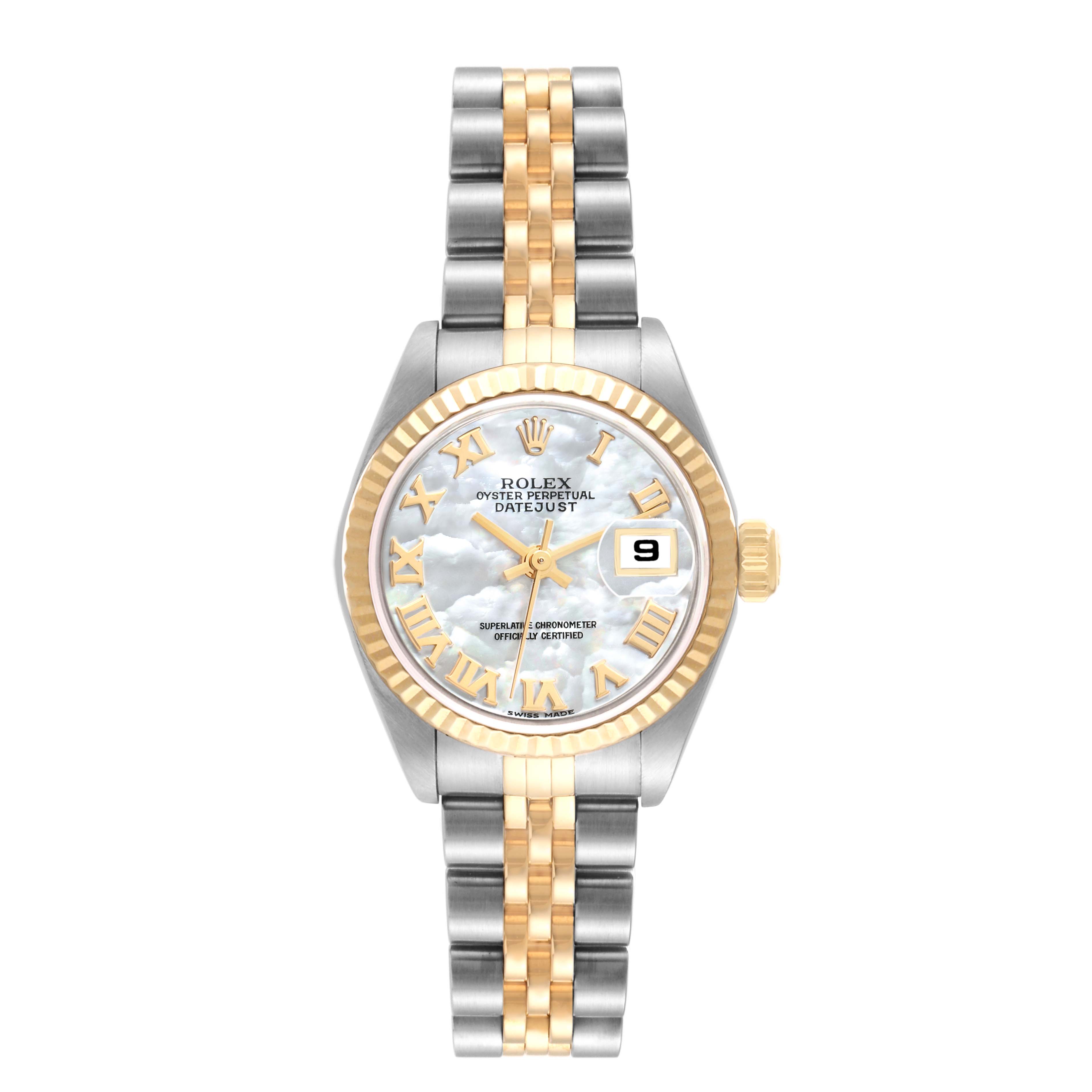 This image shows a front view of a Rolex Datejust 79173NR Women's Steel and Gold (two tone) Mother of Pearl Dial 79173NR Women's Steel and Gold (two tone) Mother of Pearl Dial watch, featuring a two-tone bracelet and a date window.