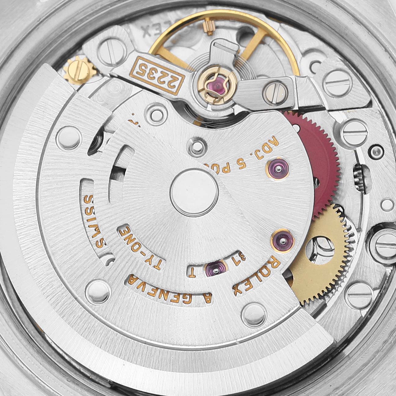 This image shows the inner mechanical movement of a Rolex Datejust 79173NR Women's Steel and Gold (two tone) Mother of Pearl Dial 79173NR Women's Steel and Gold (two tone) Mother of Pearl Dial watch, taken from the backside.