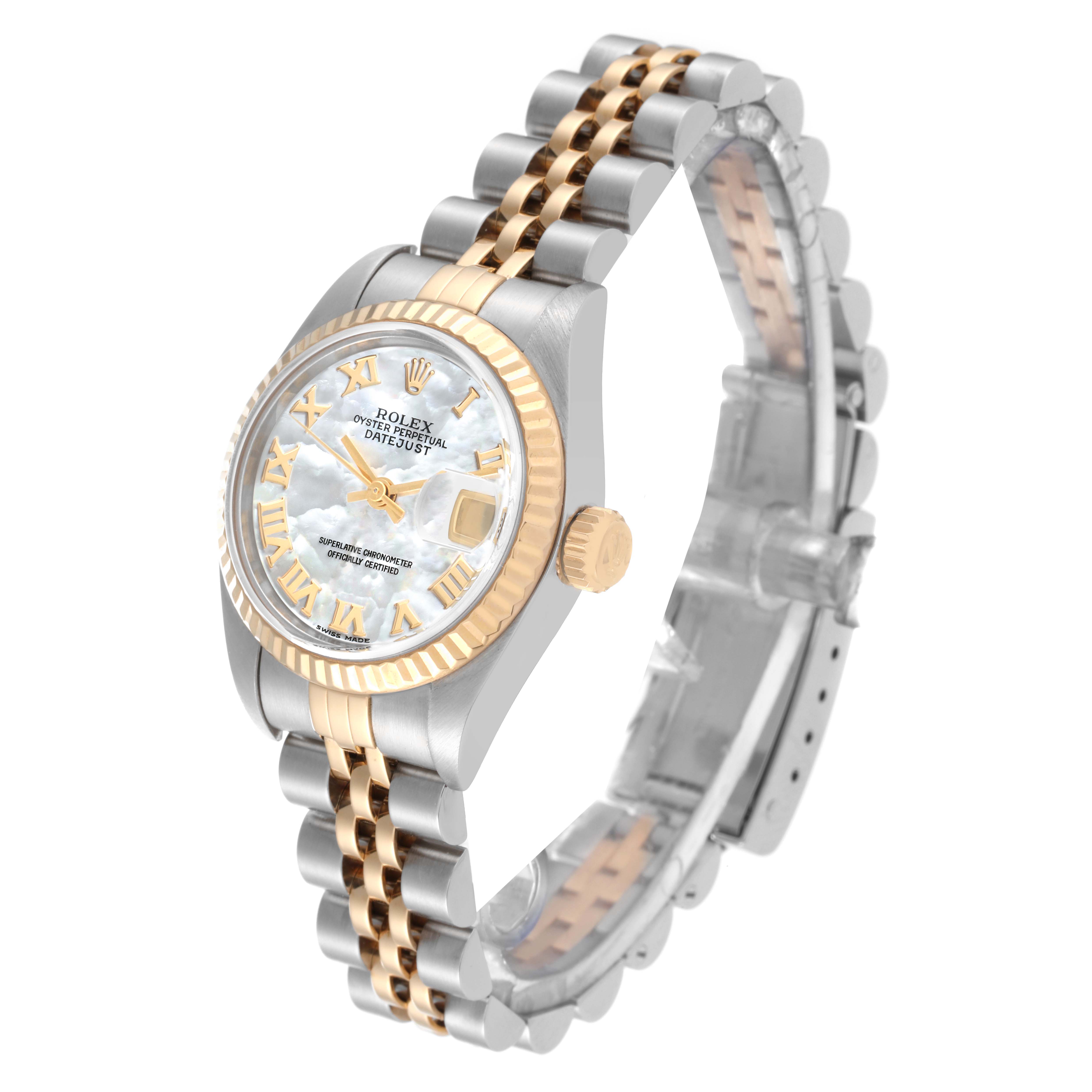 The Rolex Datejust 79173NR Women's Steel and Gold (two tone) Mother of Pearl Dial 79173NR Women's Steel and Gold (two tone) Mother of Pearl Dial watch is shown from an angled side view, highlighting its face, bezel, crown, and two-tone bracelet.