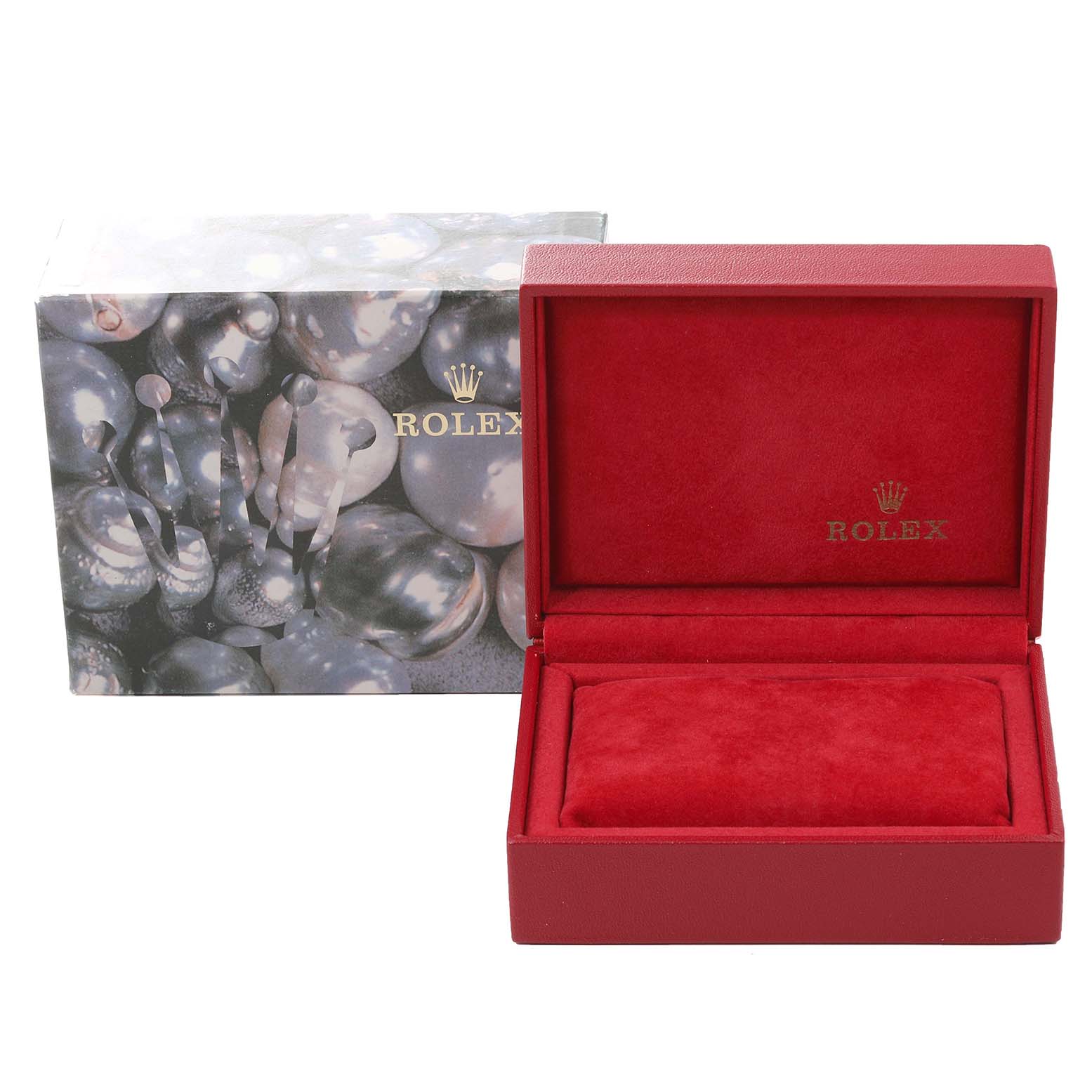 This image shows the open and empty Rolex Datejust 79173NR Women's Steel and Gold (two tone) Mother of Pearl Dial 79173NR Women's Steel and Gold (two tone) Mother of Pearl Dial watch box and the outer packaging from a front-facing angle.