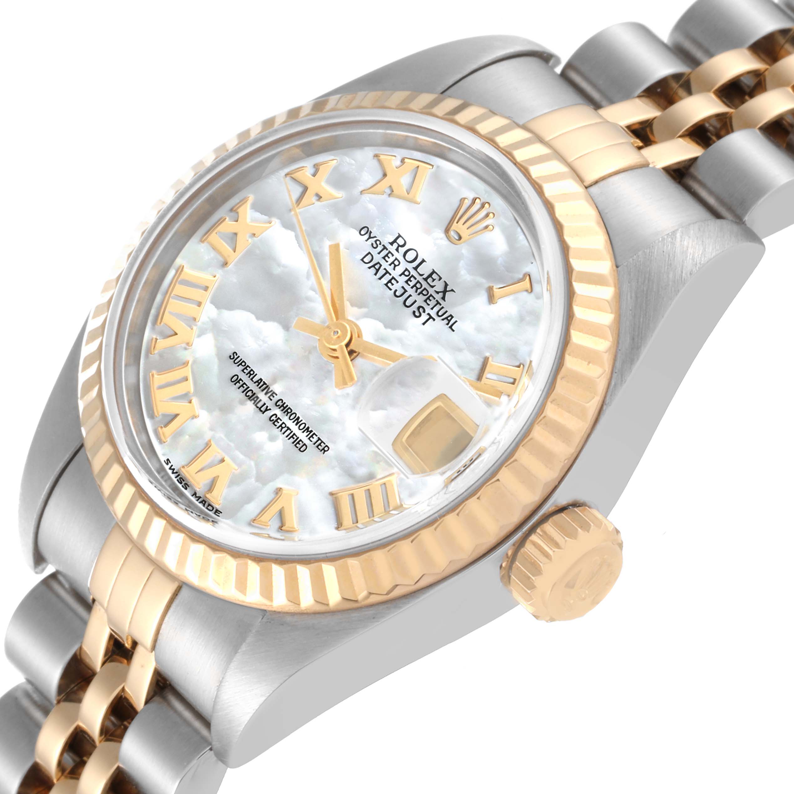 This angled view of the Rolex Datejust 79173NR Women's Steel and Gold (two tone) Mother of Pearl Dial 79173NR Women's Steel and Gold (two tone) Mother of Pearl Dial watch showcases the dial, crown, and a portion of the bracelet.