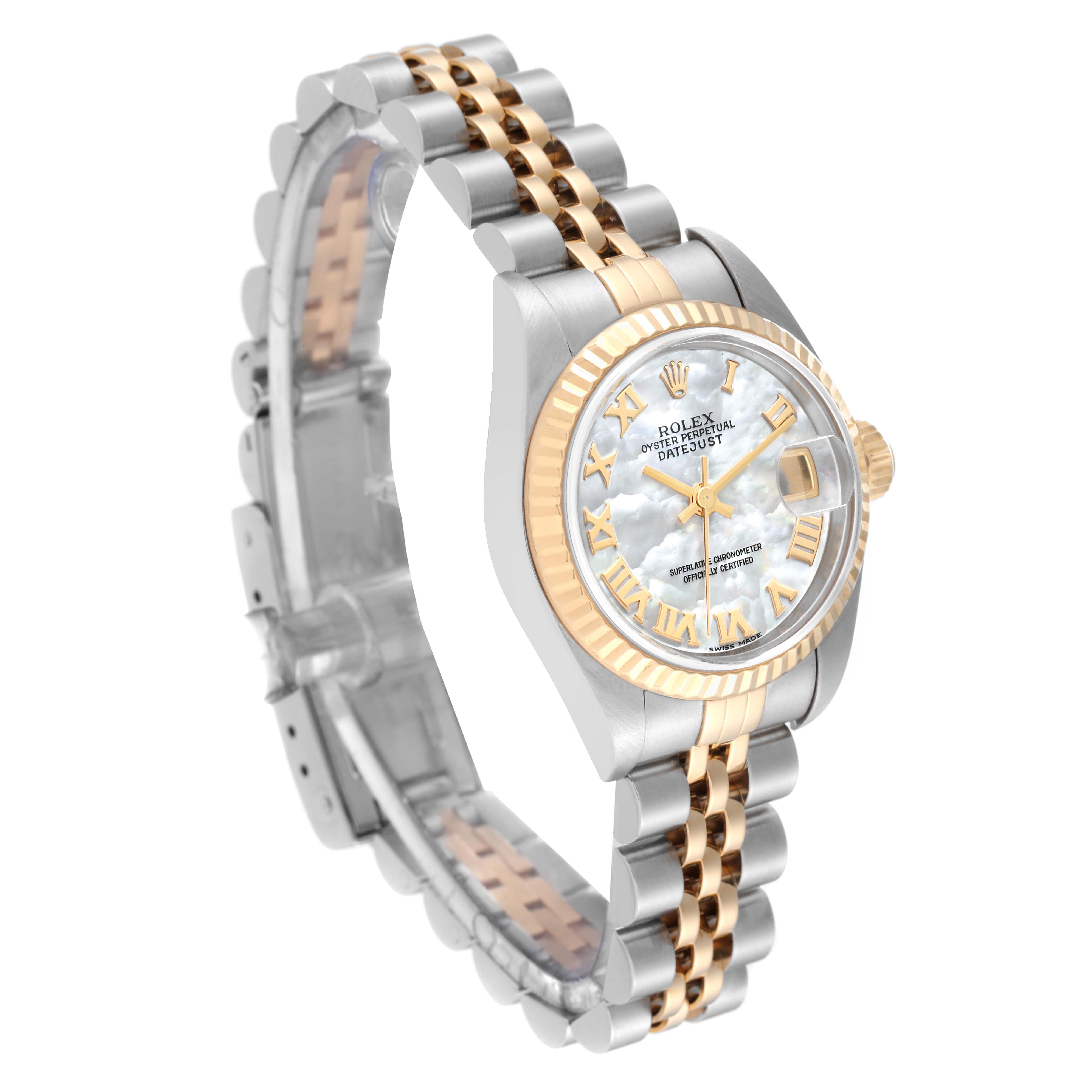 The image shows a Rolex Datejust 79173NR Women's Steel and Gold (two tone) Mother of Pearl Dial 79173NR Women's Steel and Gold (two tone) Mother of Pearl Dial watch at a three-quarter angle highlighting the dial, bezel, and partially a jubilee bracelet.