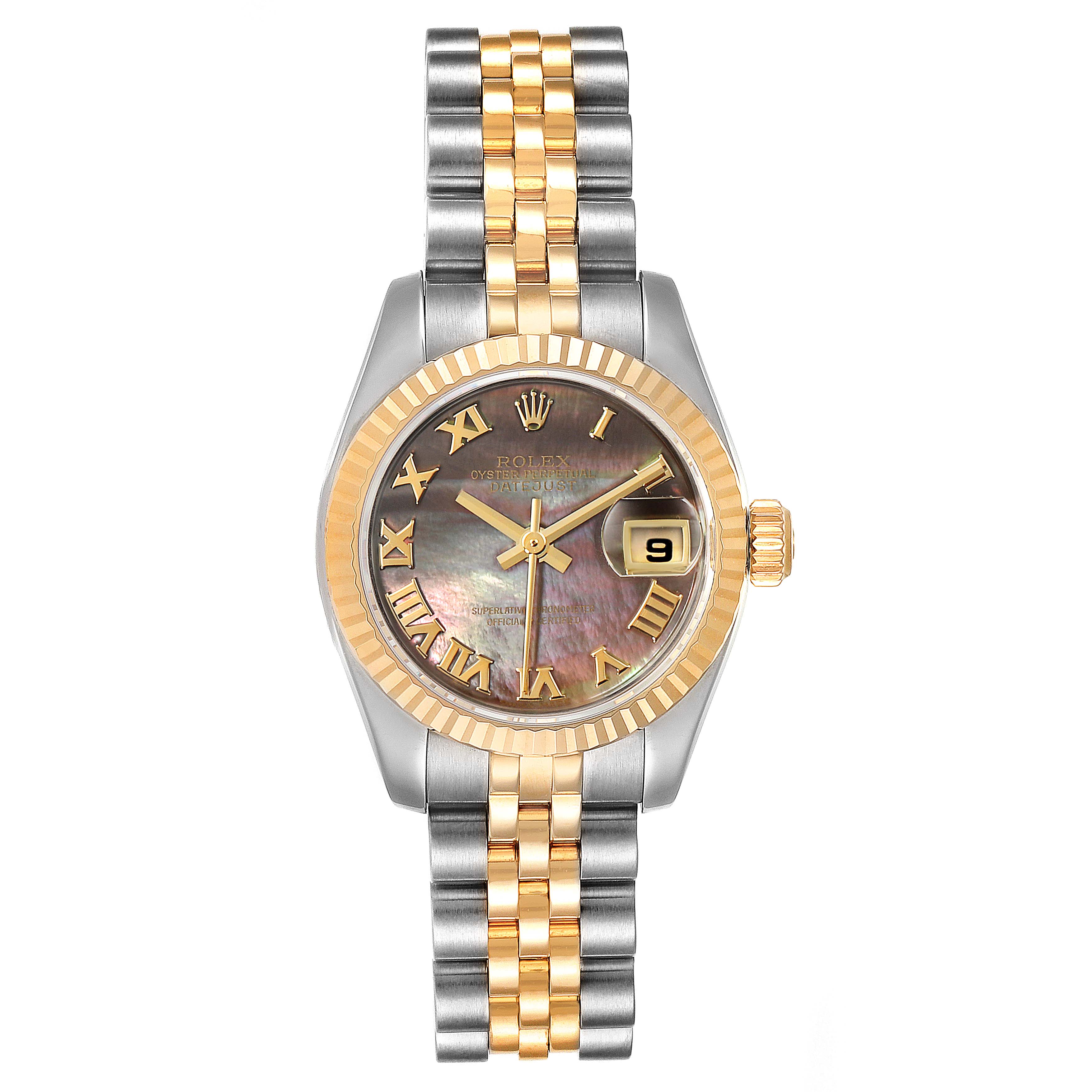 The image shows the Rolex Datejust 179173 Women
s Steel and Gold (two tone) Mother of Pearl Dial 179173 Women
s Steel and Gold (two tone) Mother of Pearl Dial watch from a frontal angle, highlighting its dial, bezel, and bracelet.