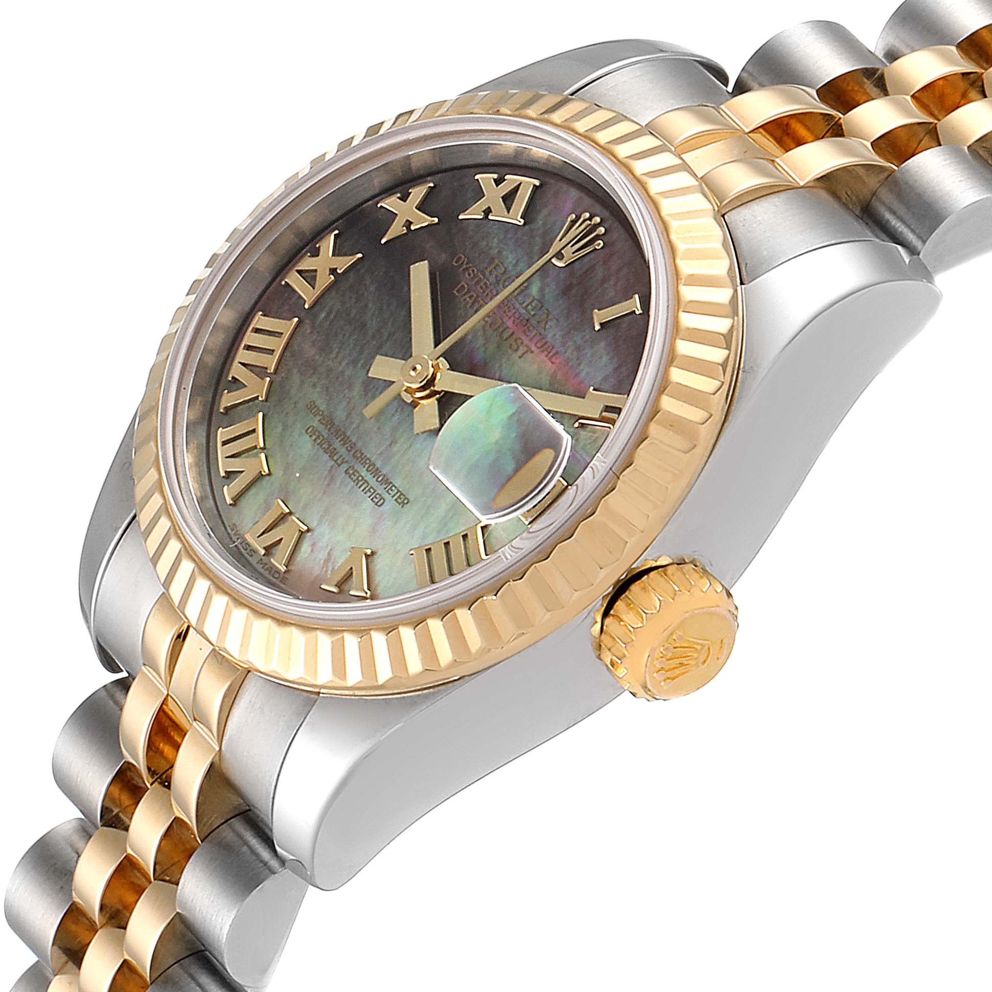 The image shows a side angle of a Rolex Datejust 179173 Women
s Steel and Gold (two tone) Mother of Pearl Dial 179173 Women
s Steel and Gold (two tone) Mother of Pearl Dial watch highlighting its crown, bezel, and part of the bracelet.