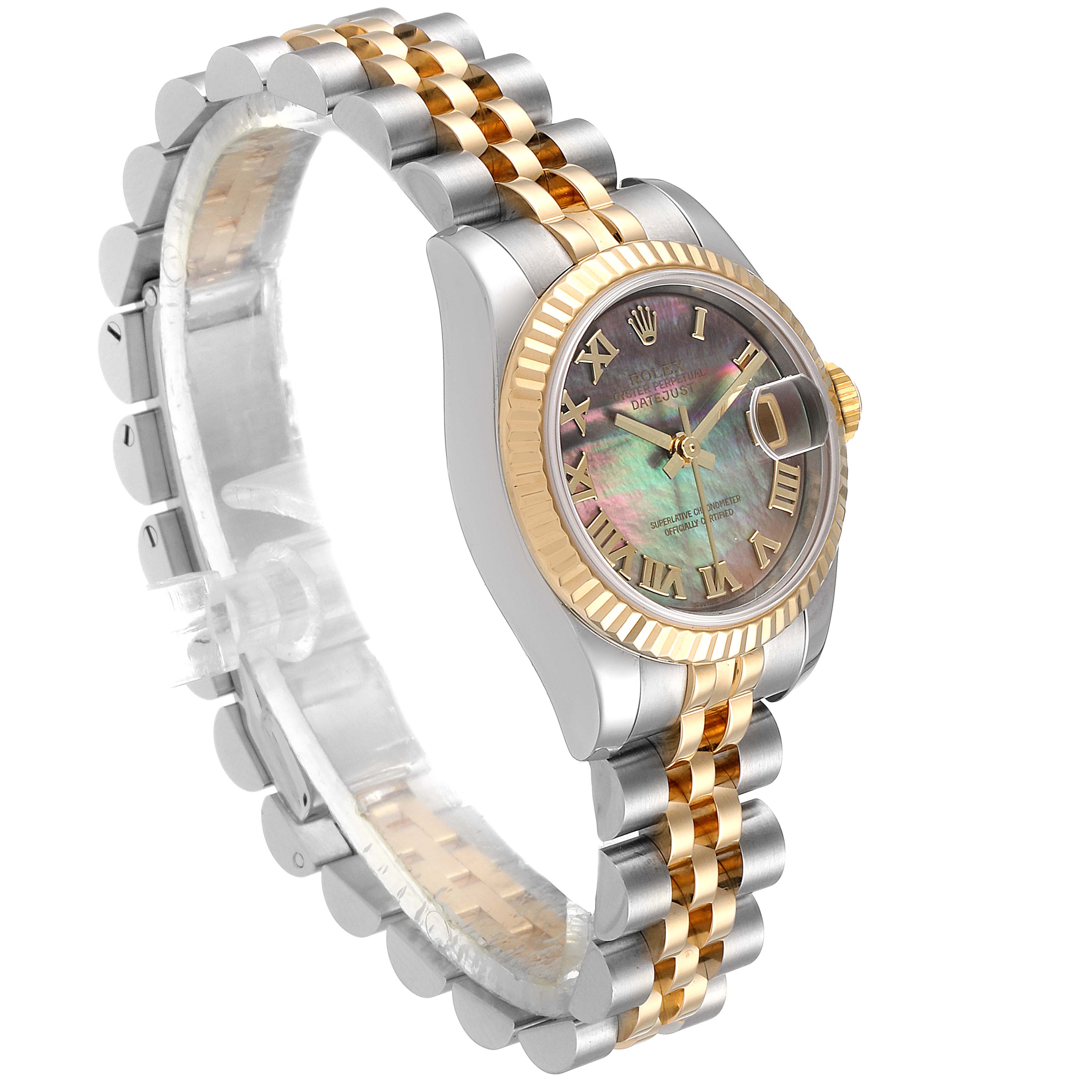 This image shows a Rolex Datejust 179173 Women
s Steel and Gold (two tone) Mother of Pearl Dial 179173 Women
s Steel and Gold (two tone) Mother of Pearl Dial watch at a slight angle, highlighting its dial, bezel, and two-tone bracelet.