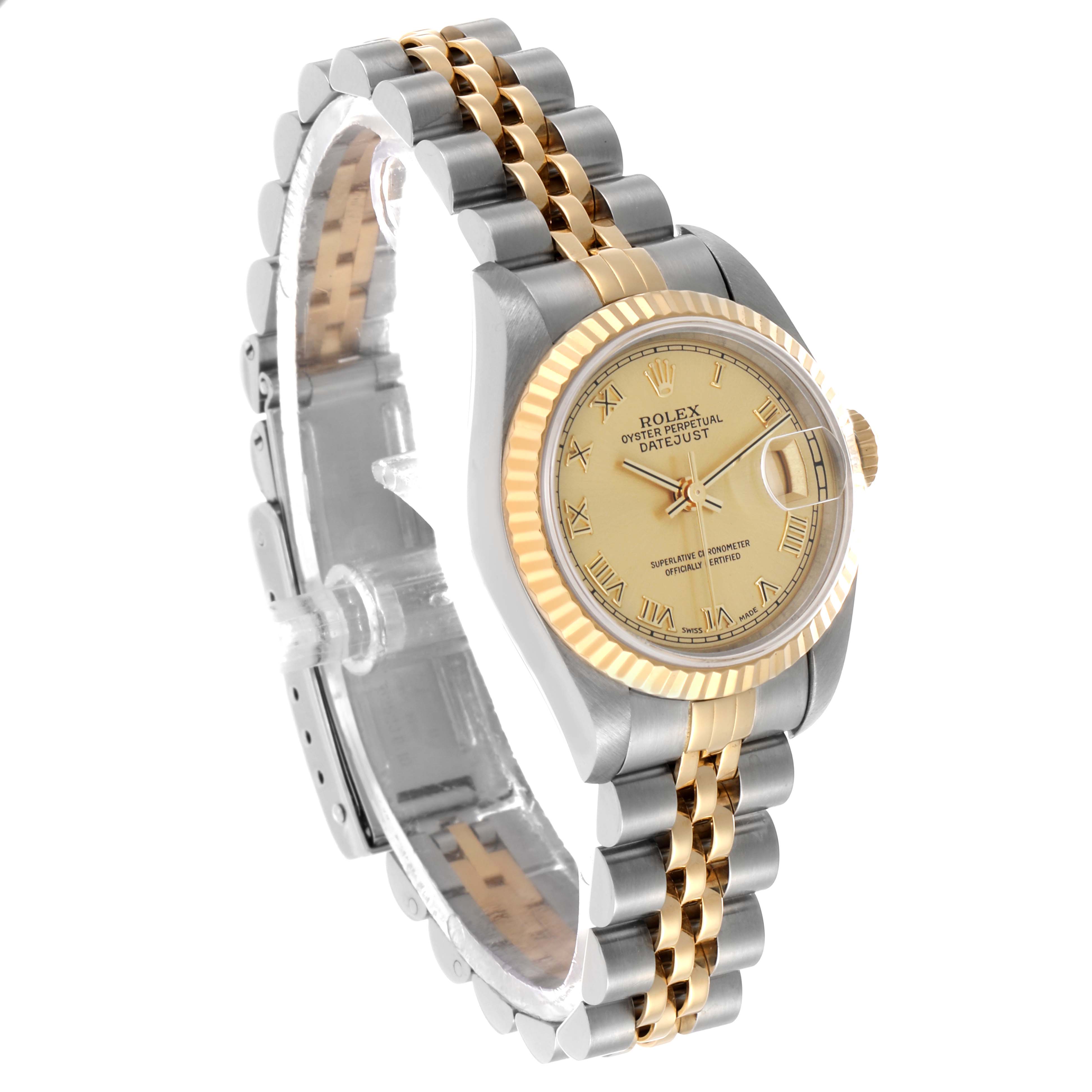 The Rolex Datejust 69173 Women's Steel and Gold (two tone) Champagne Dial watch is shown at a three-quarter angle, displaying the face, bezel, and two-tone bracelet.