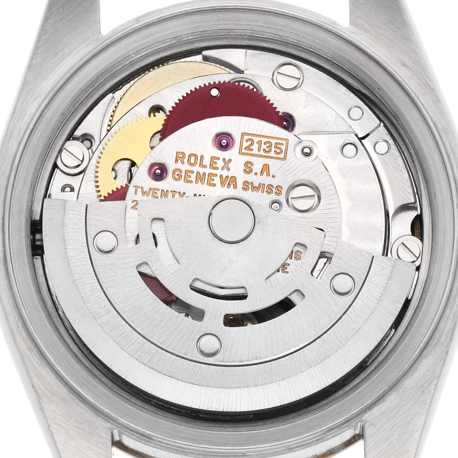 The image shows the back view of a Rolex Datejust 69173 Women's Steel and Gold (two tone) Champagne Dial, highlighting its internal movement mechanics.