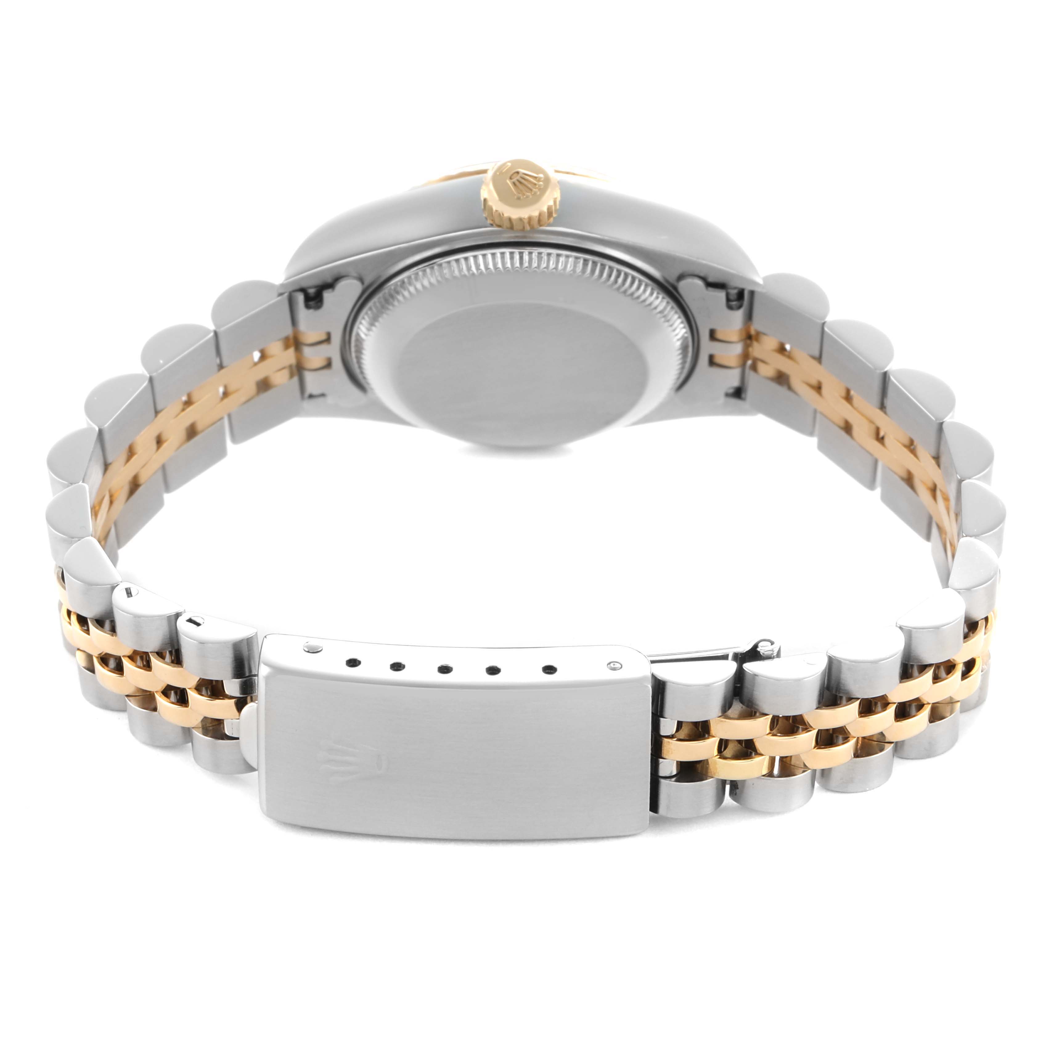 The image shows the back of a Rolex Datejust 69173 Women's Steel and Gold (two tone) Champagne Dial watch, highlighting the case back, crown, and two-tone bracelet with the clasp visible.