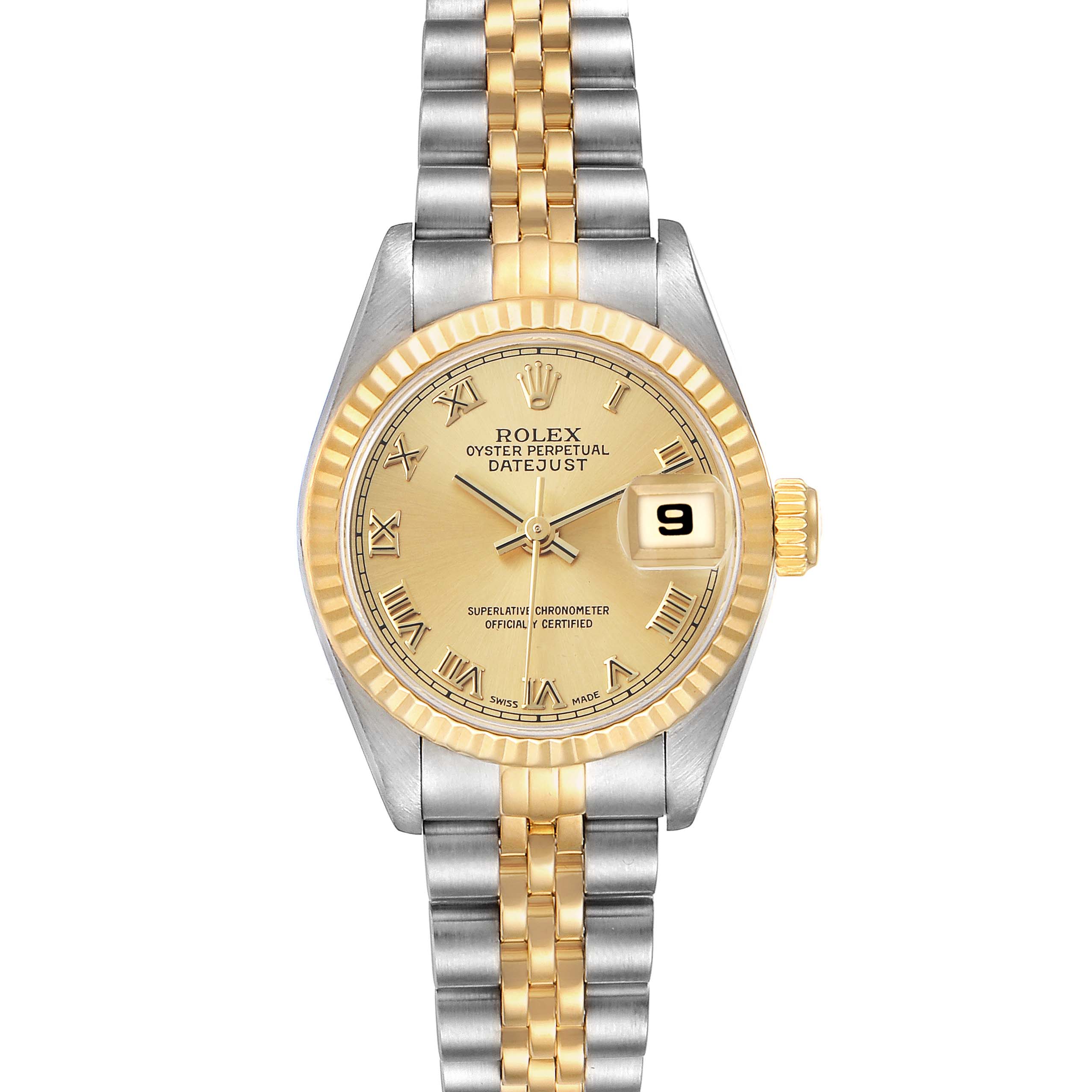 The Rolex Datejust 69173 Women's Steel and Gold (two tone) Champagne Dial watch is shown from a top view, highlighting the dial, fluted bezel, and two-tone bracelet.