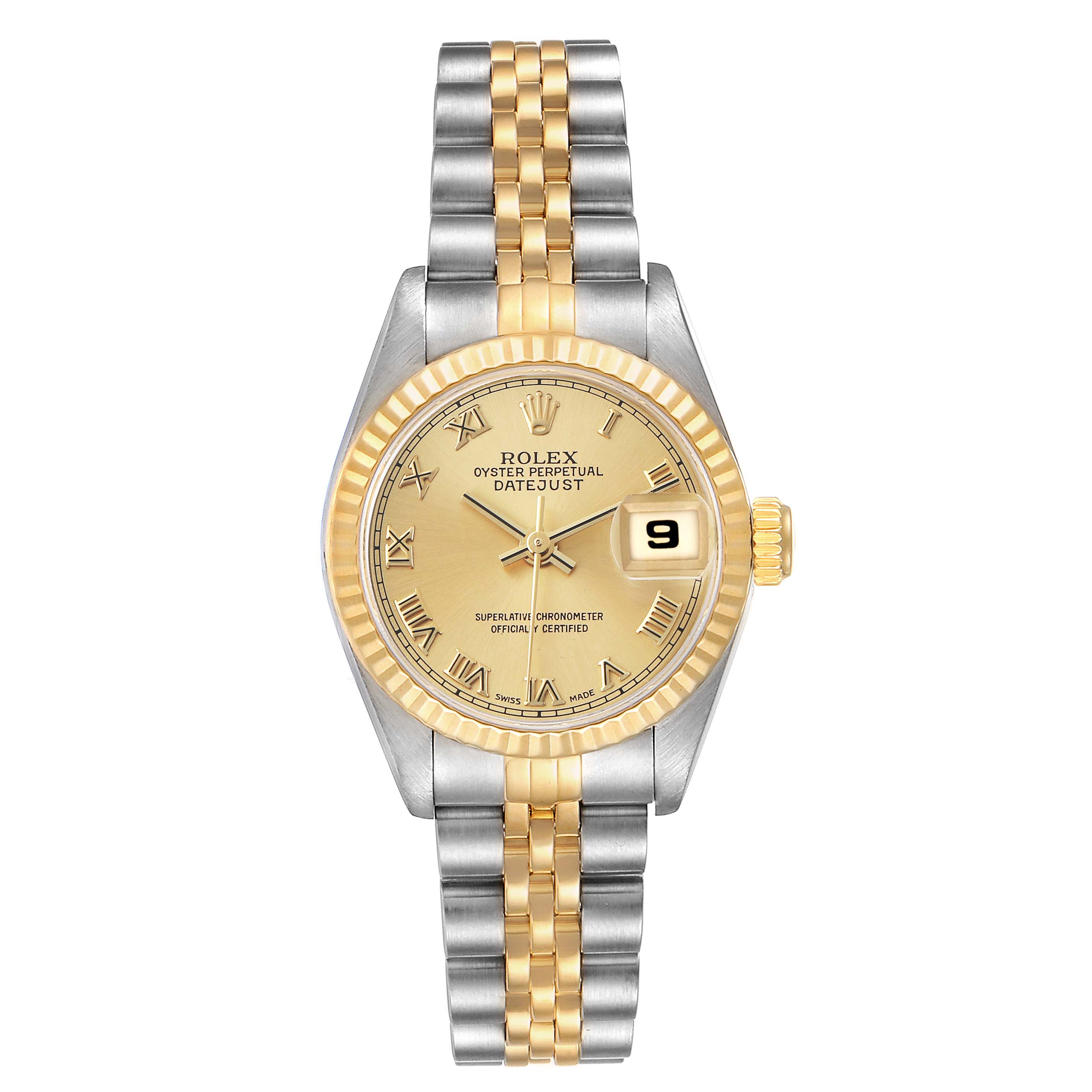 The Rolex Datejust 69173 Women's Steel and Gold (two tone) Champagne Dial watch is shown from a top-down angle, displaying the dial, fluted bezel, and two-tone bracelet.