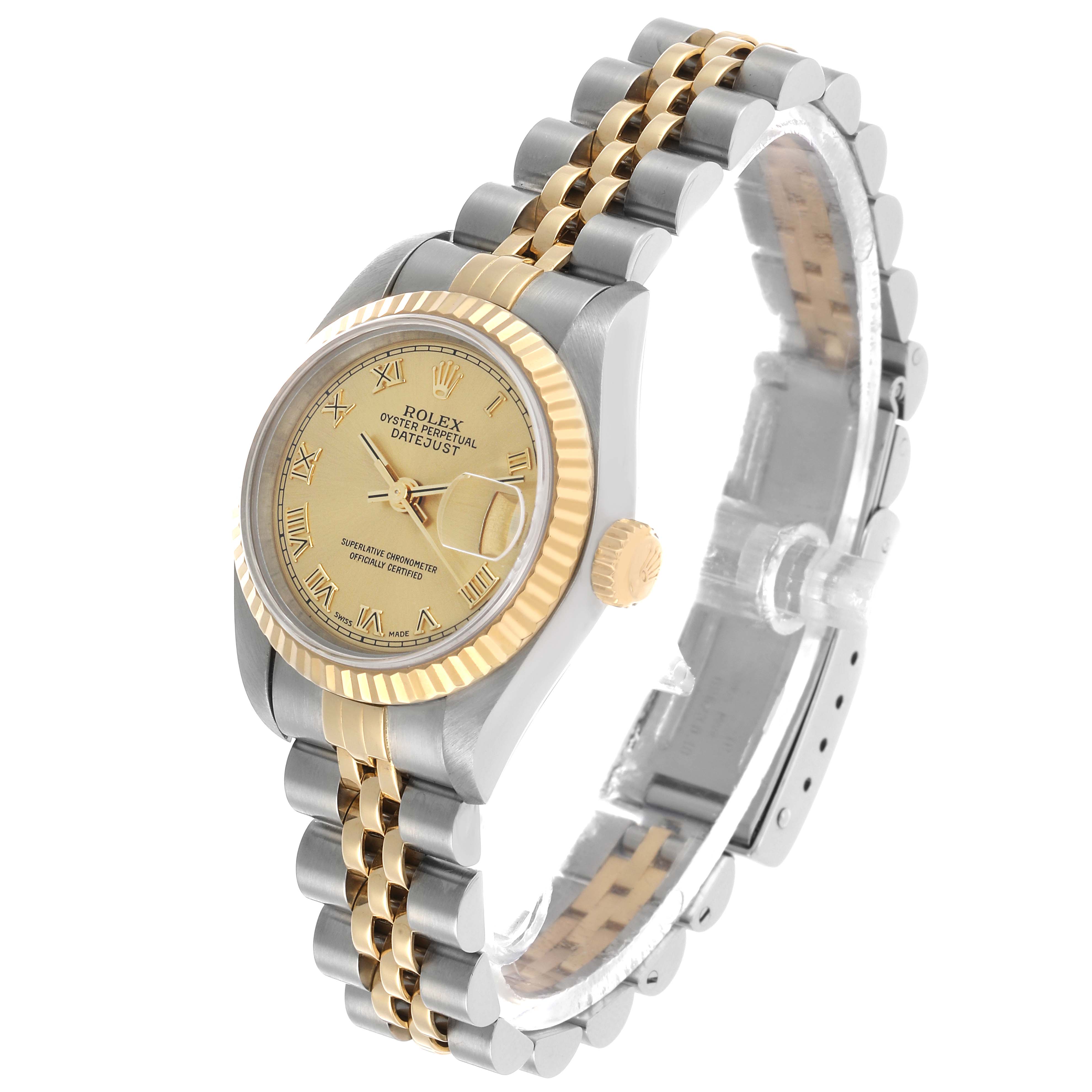The Rolex Datejust 69173 Women's Steel and Gold (two tone) Champagne Dial watch is shown at an angled side view, highlighting the two-tone bracelet, fluted bezel, and dial with Roman numerals.