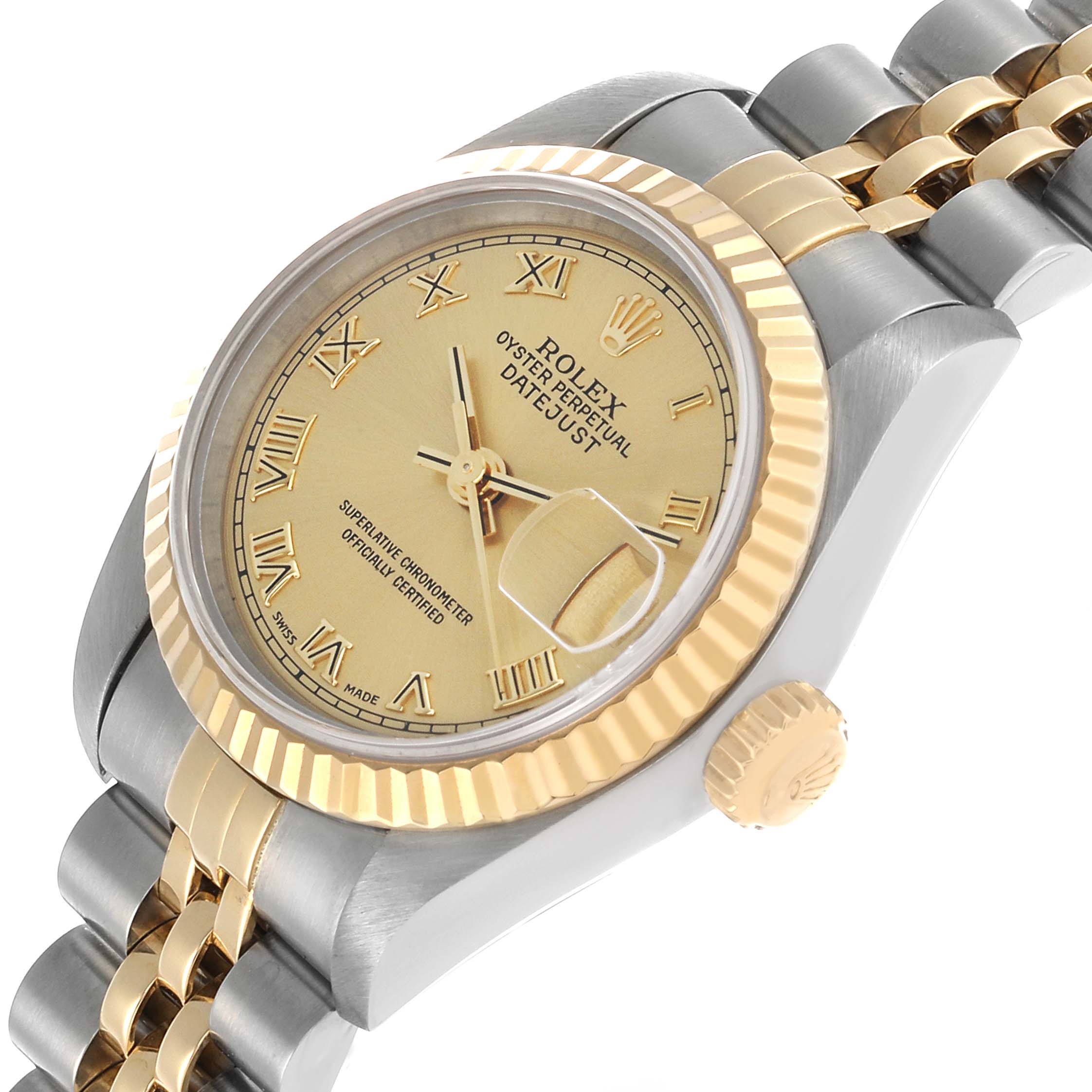 The Rolex Datejust 69173 Women's Steel and Gold (two tone) Champagne Dial watch is shown at a tilted angle, displaying the gold dial, fluted bezel, jubilee bracelet, and date magnifier.