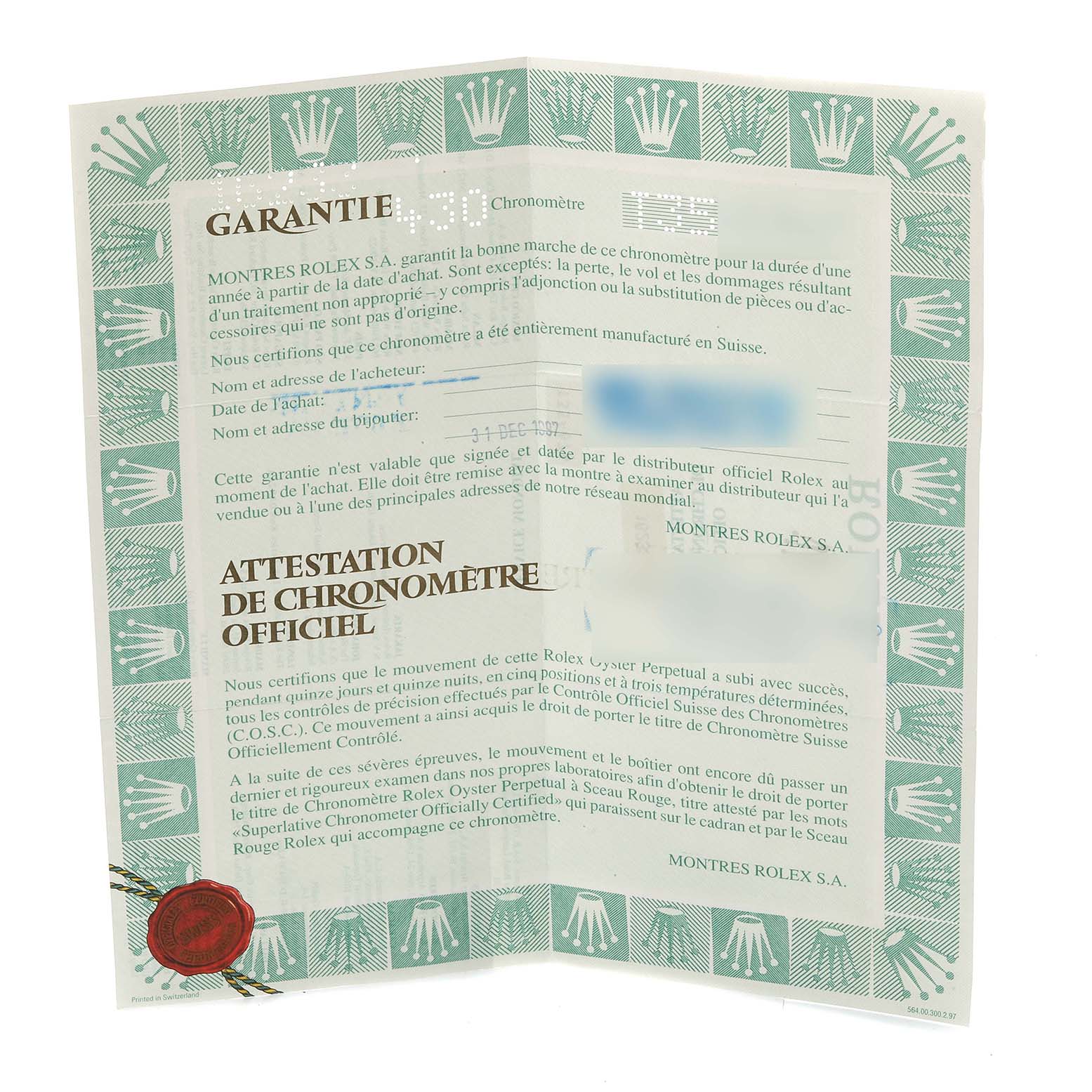 The image shows the warranty and chronometer certificate for the Rolex Datejust 16233 Men's Steel and Gold (two tone) Silver Dial 16233 Men's Steel and Gold (two tone) Silver Dial model.