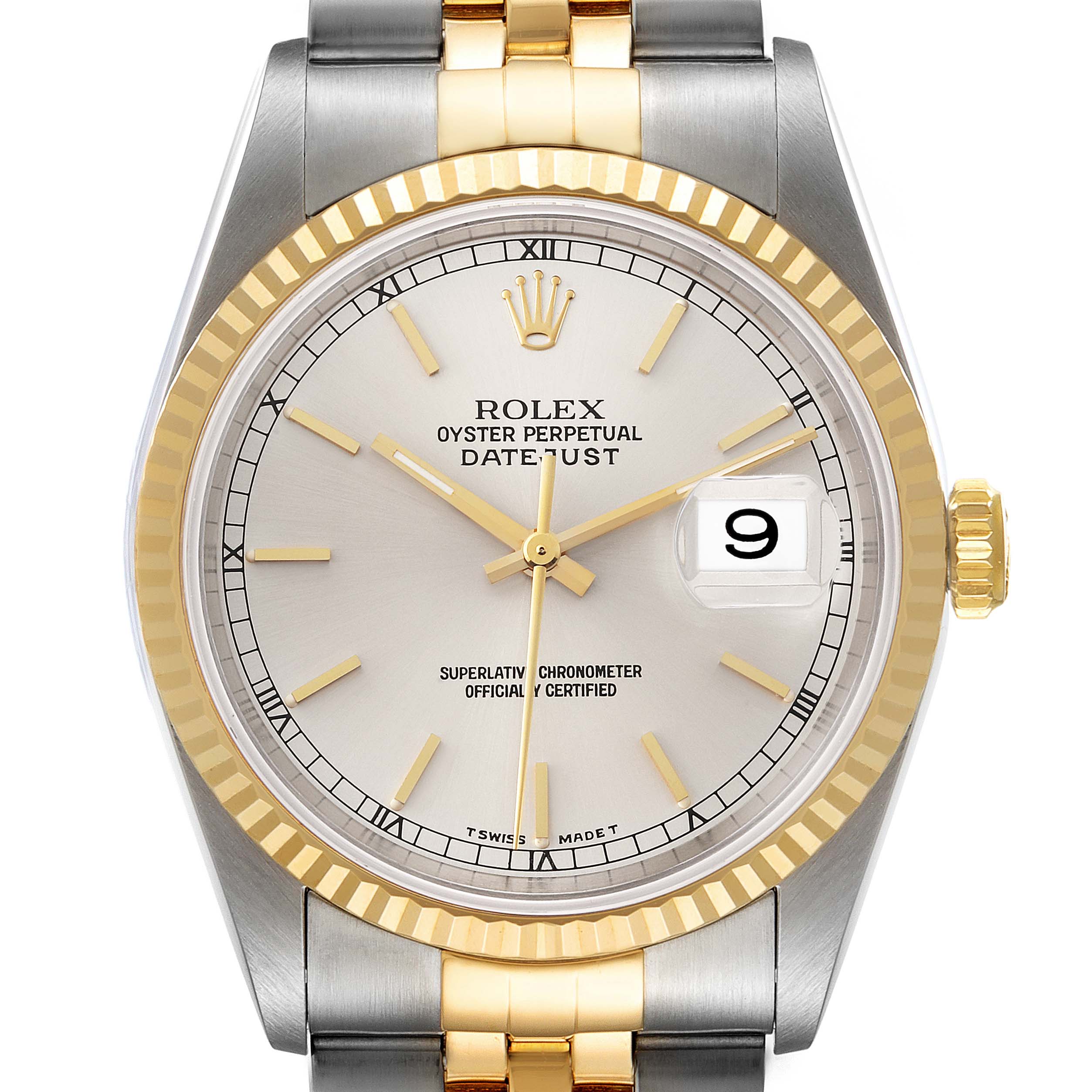 This image shows a front view of the Rolex Datejust 16233 Men's Steel and Gold (two tone) Silver Dial 16233 Men's Steel and Gold (two tone) Silver Dial watch's face, bezel, and part of its bracelet.