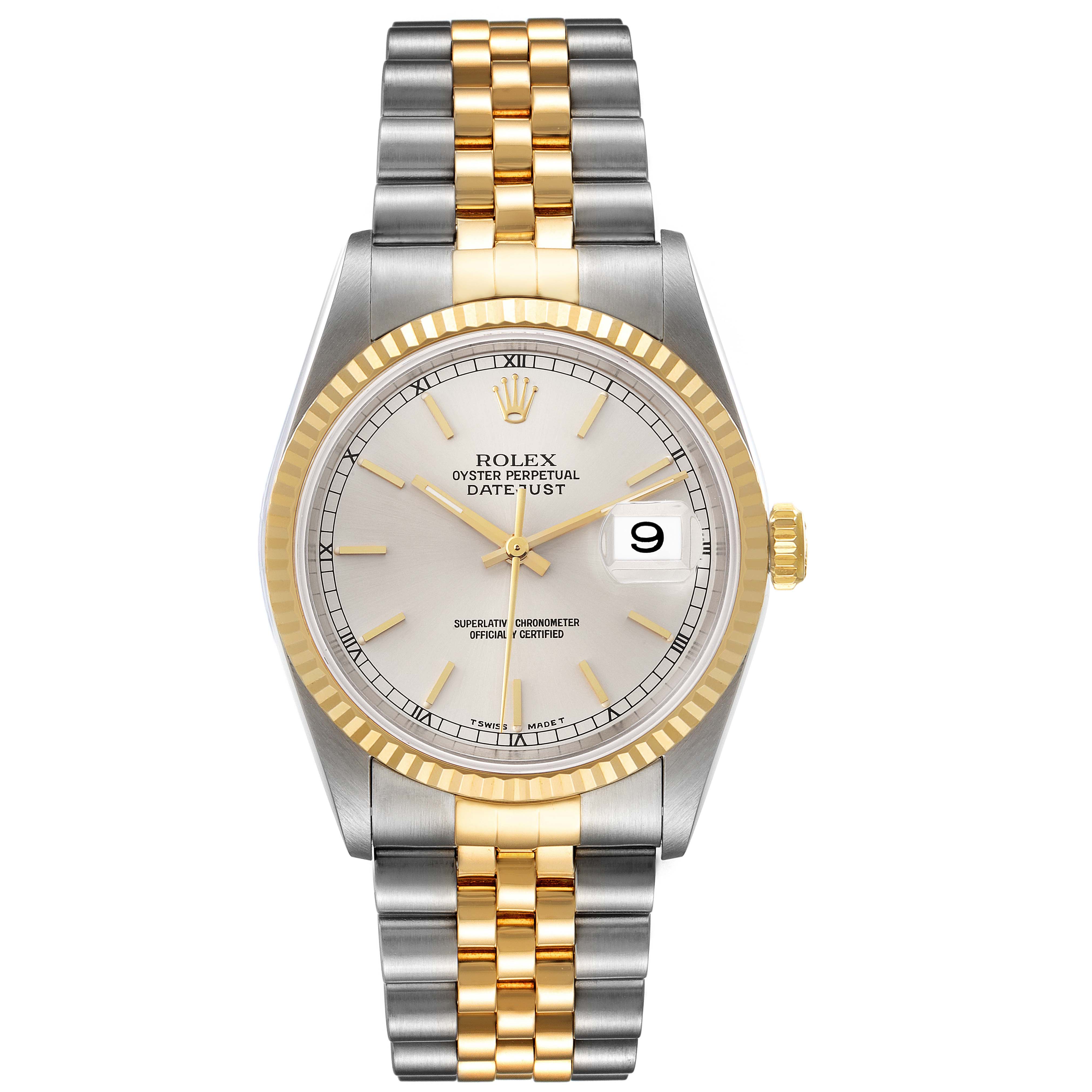 The Rolex Datejust 16233 Men's Steel and Gold (two tone) Silver Dial 16233 Men's Steel and Gold (two tone) Silver Dial model watch is shown from a front angle, displaying its dial, bracelet, bezel, and date window.