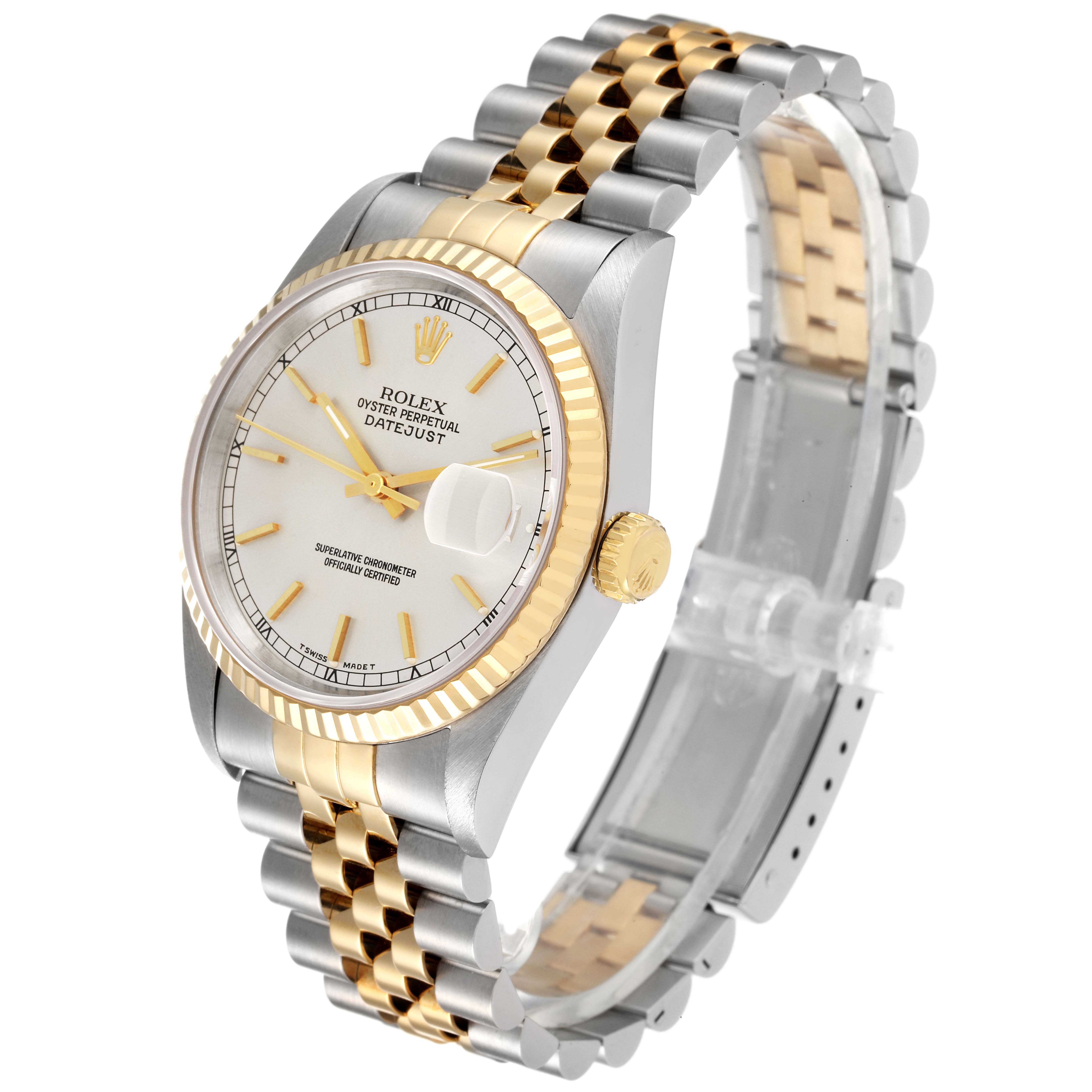 This Rolex Datejust 16233 Men's Steel and Gold (two tone) Silver Dial 16233 Men's Steel and Gold (two tone) Silver Dial watch is shown angled from above, featuring its dial, crown, and two-tone bracelet.
