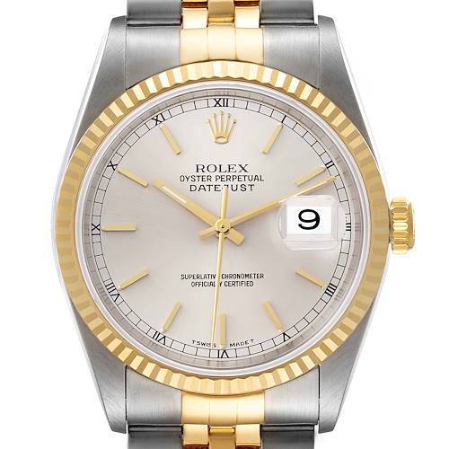 This is a frontal view of a Rolex Datejust watch, showcasing the dial, bezel, crown, and part of the bracelet.
