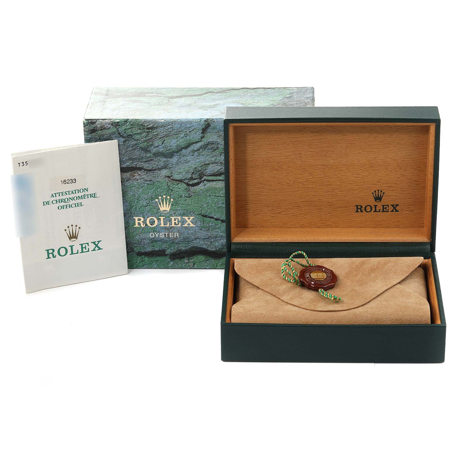 The image shows a Rolex Datejust 16233 Men's Steel and Gold (two tone) Silver Dial 16233 Men's Steel and Gold (two tone) Silver Dial box with Rolex-branded packaging, a certificate booklet, and a wrapped accessory pouch inside the box.