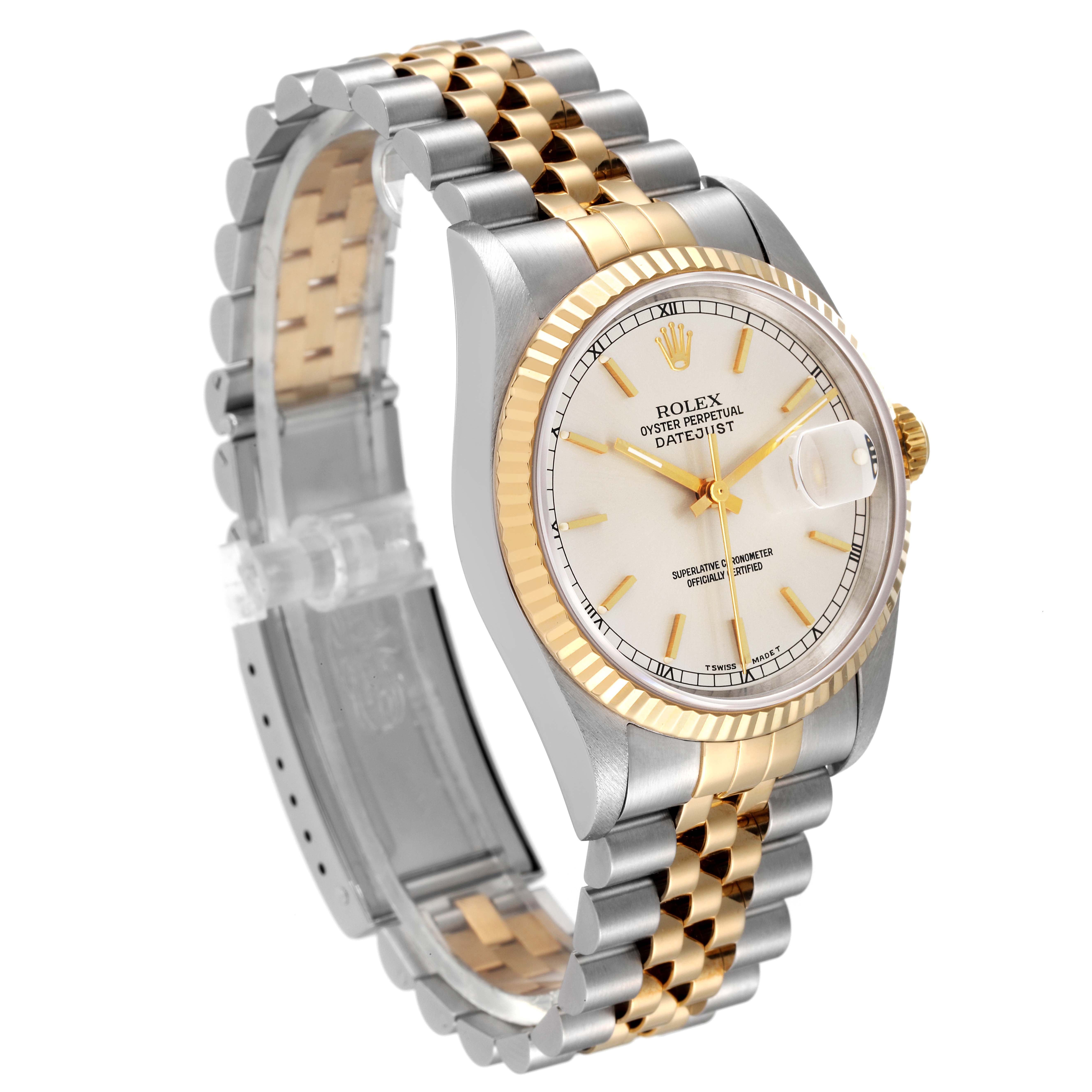The Rolex Datejust 16233 Men's Steel and Gold (two tone) Silver Dial 16233 Men's Steel and Gold (two tone) Silver Dial watch is displayed at a slight angle showing the dial, bezel, and two-tone bracelet.