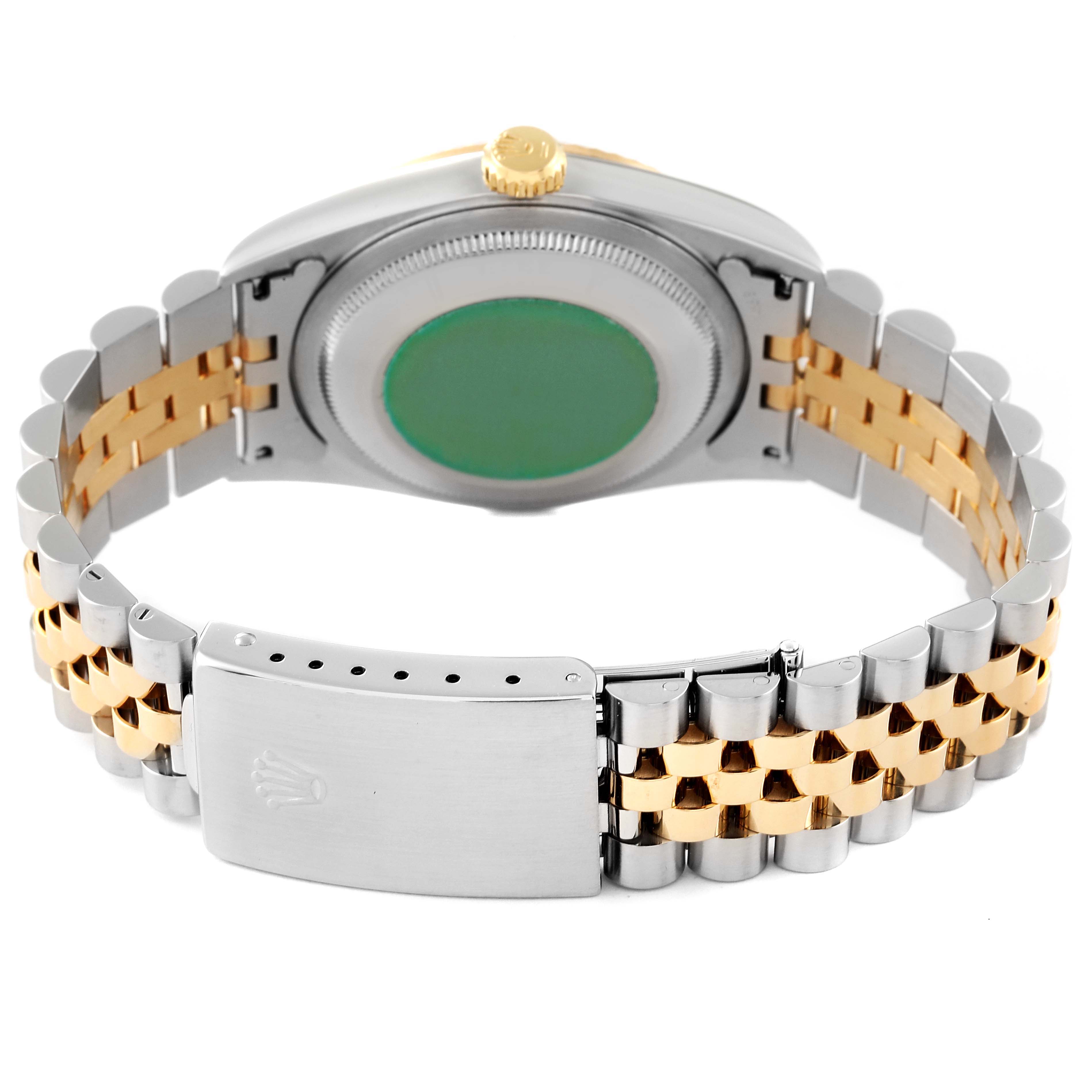 The image shows the back view of the Rolex Datejust 16233 Men's Steel and Gold (two tone) Silver Dial 16233 Men's Steel and Gold (two tone) Silver Dial watch, highlighting the bracelet and clasp.