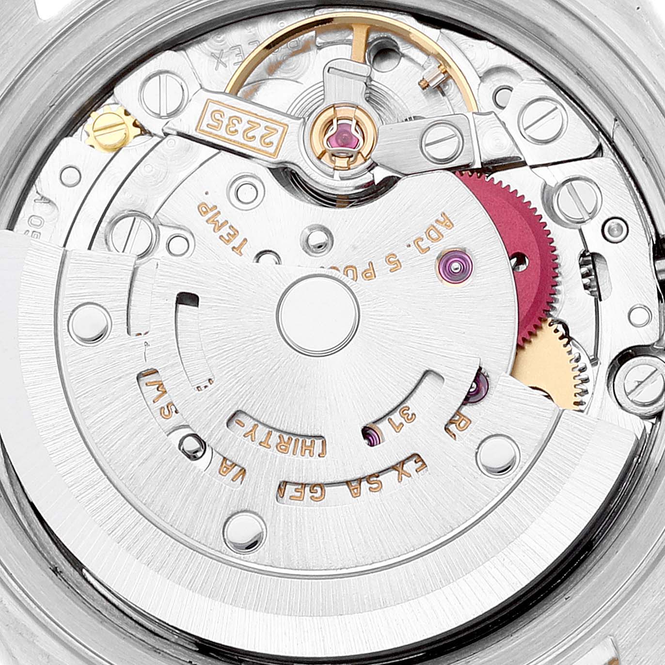 The image shows the movement mechanism of a Rolex Datejust 79173 Women's Steel and Gold (two tone) Grey Dial 79173 Women's Steel and Gold (two tone) Grey Dial, highlighting gears, rotors, and intricate internal components.