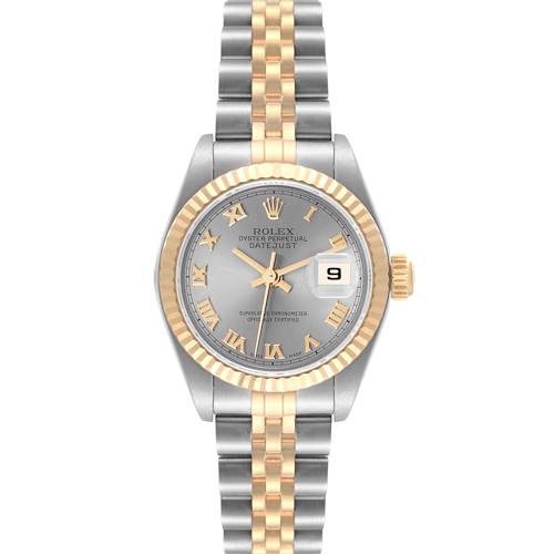 The Rolex Datejust watch is shown from a front angle, displaying the dial, bezel, and bracelet.