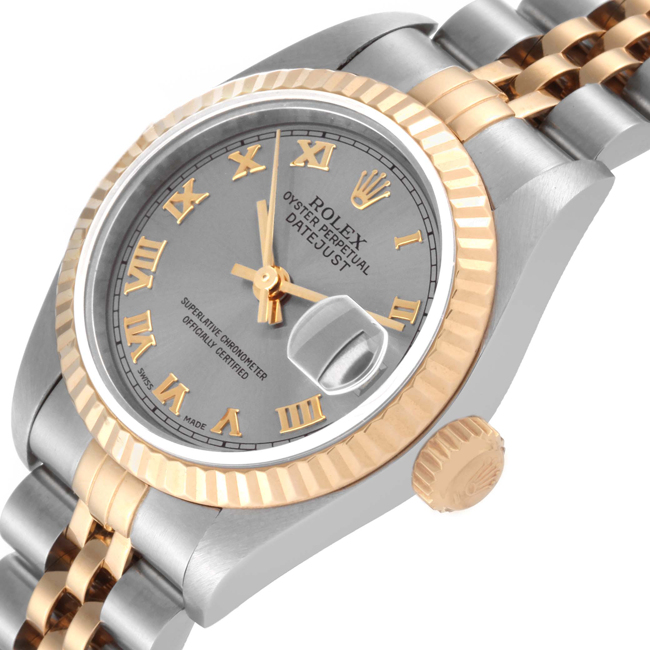 The Rolex Datejust 79173 Women's Steel and Gold (two tone) Grey Dial 79173 Women's Steel and Gold (two tone) Grey Dial watch is shown from a three-quarter angle, highlighting the bezel, dial, case, and bracelet.
