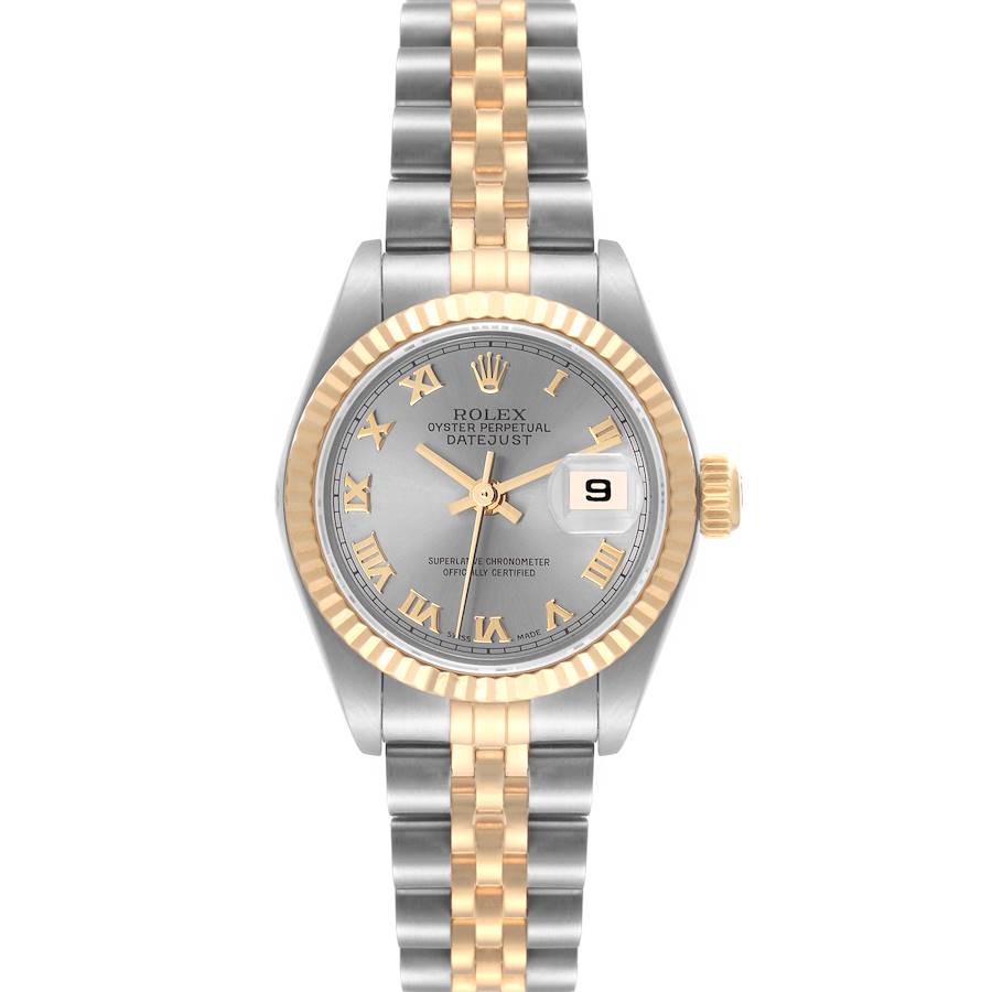 The Rolex Datejust watch is shown from the front, displaying the dial, fluted bezel, and part of the jubilee bracelet.