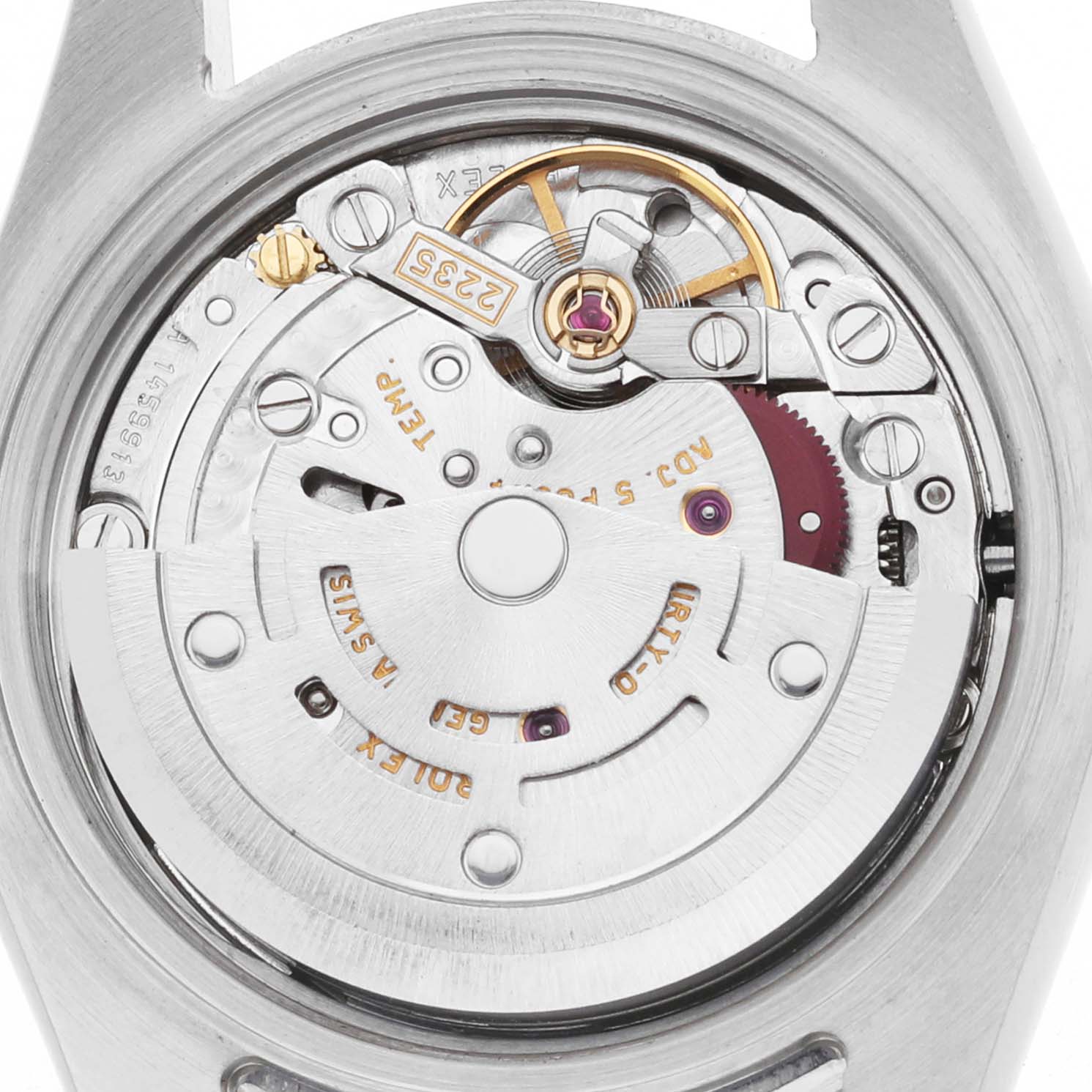 The image shows the movement of a Rolex Datejust 179173 Women's Stainless Steel White Dial watch from a top-down angle, highlighting the intricate inner mechanisms.