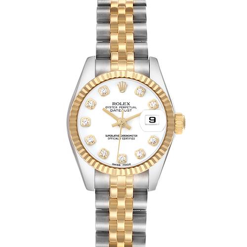 The Rolex Datejust 179173 Women's Stainless Steel White Dial watch is shown from the front, displaying its gold and silver bracelet, white dial, and date feature.