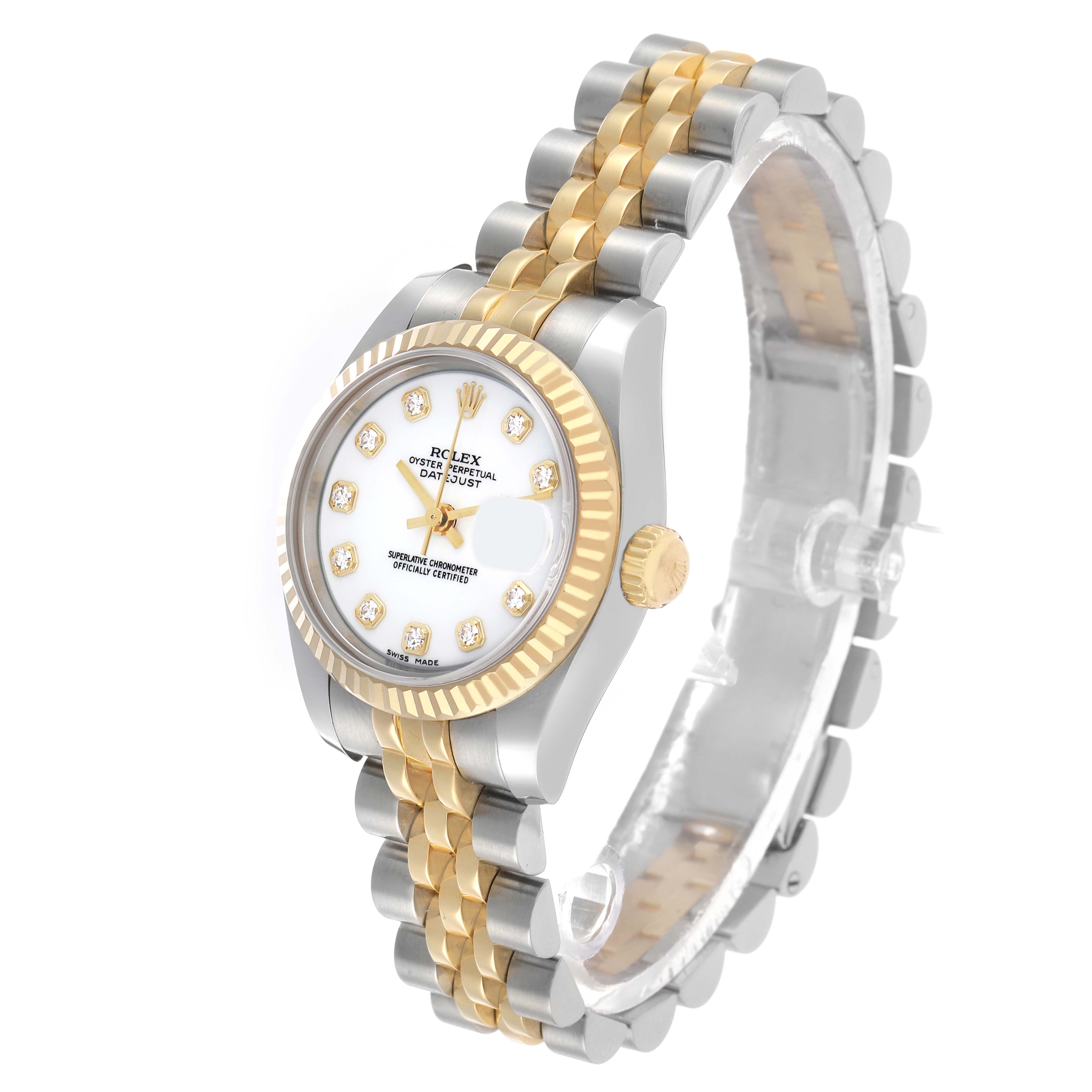 The Rolex Datejust 179173 Women's Stainless Steel White Dial watch is shown at a three-quarter angle, highlighting its bezel, dial, crown, and two-tone bracelet.