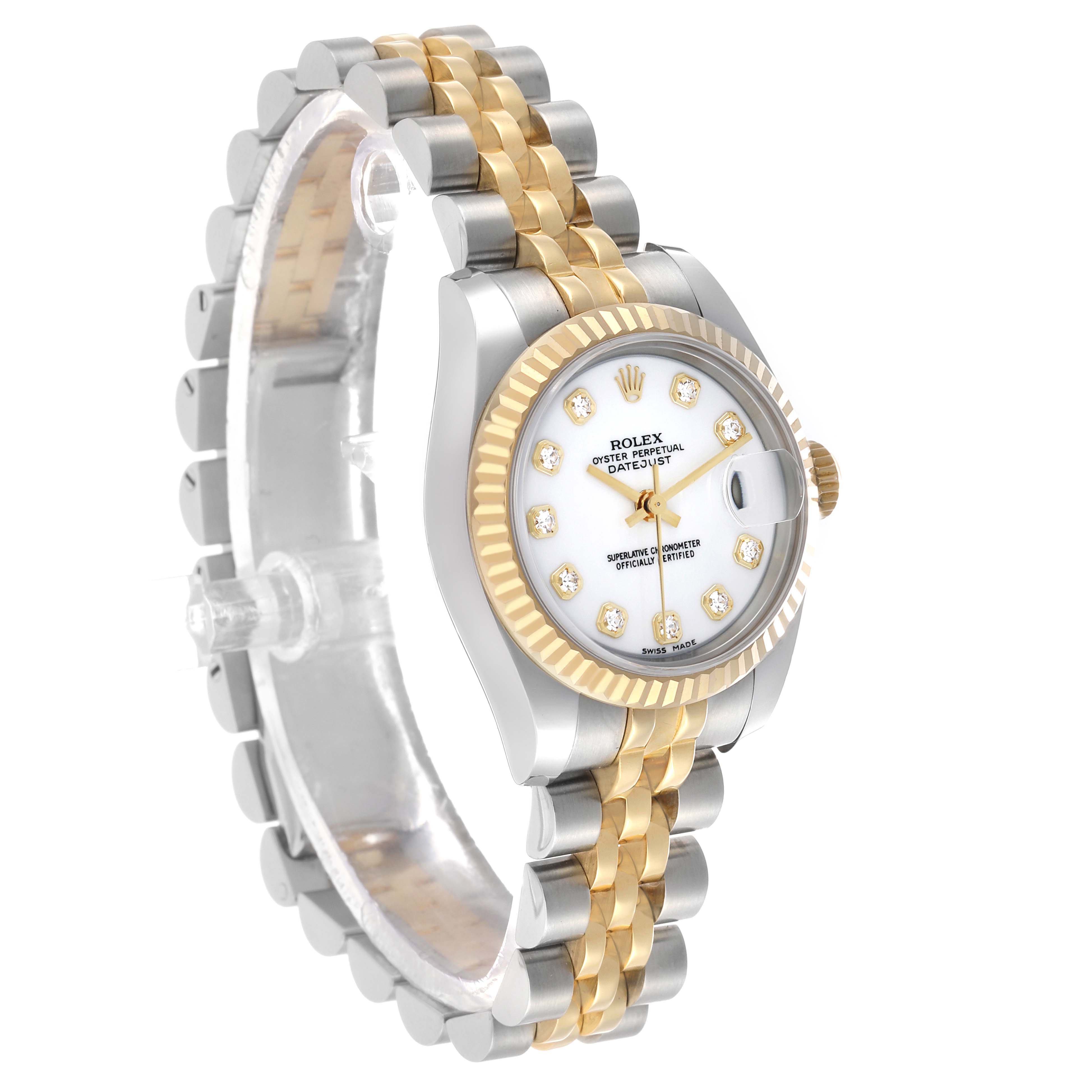 The Rolex Datejust 179173 Women's Stainless Steel White Dial watch is shown at an angle, highlighting its two-tone bracelet, fluted bezel, and white dial with diamond markers.