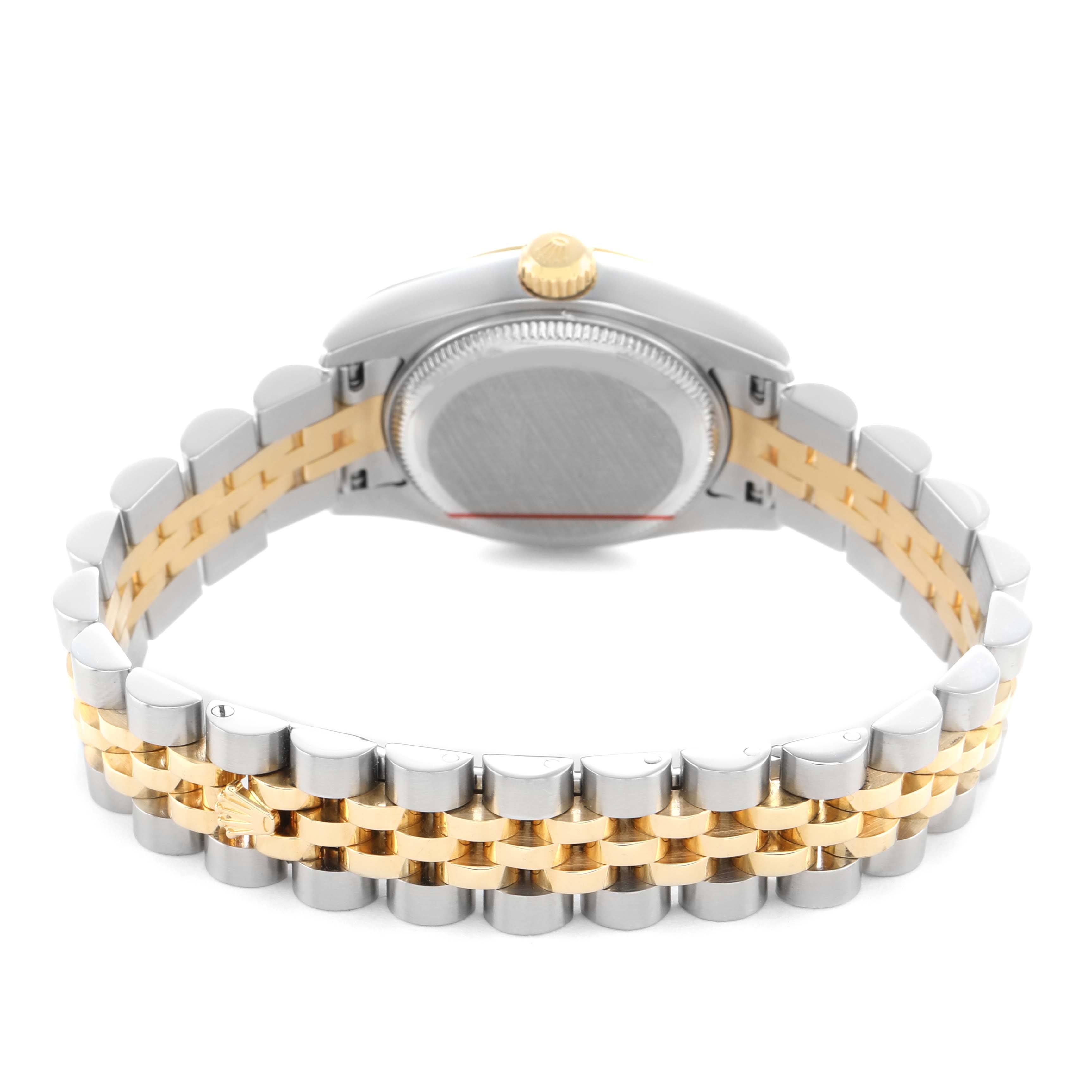 The image shows the back of a Rolex Datejust 179173 Women's Stainless Steel White Dial watch, highlighting the case back and two-tone bracelet.