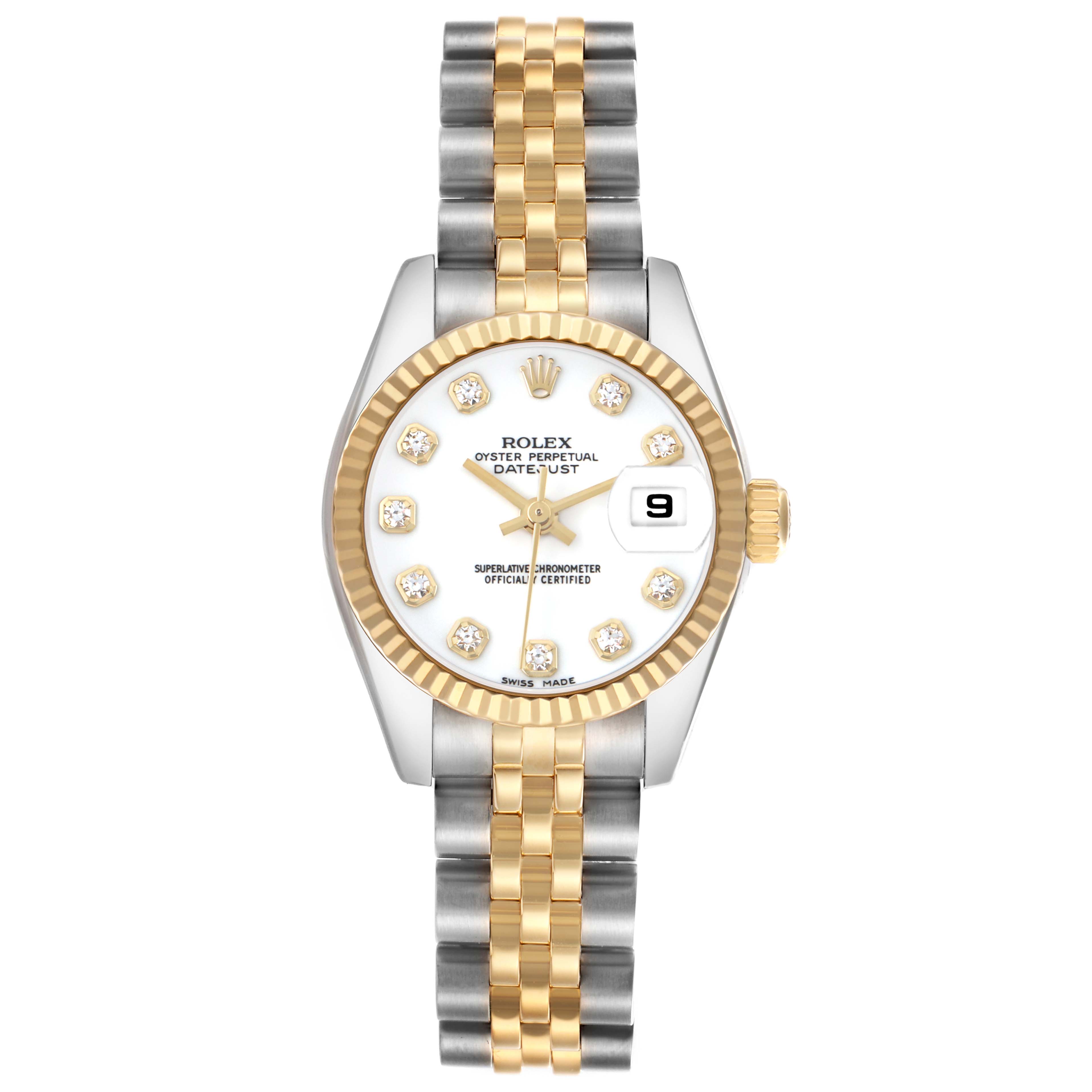 The Rolex Datejust 179173 Women's Stainless Steel White Dial watch is shown from the front, displaying the dial, bezel, and two-tone bracelet.