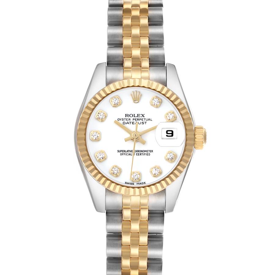 The Rolex Datejust 179173 Women's Stainless Steel White Dial watch is shown from a top-down angle, highlighting the face, bezel, and bracelet.