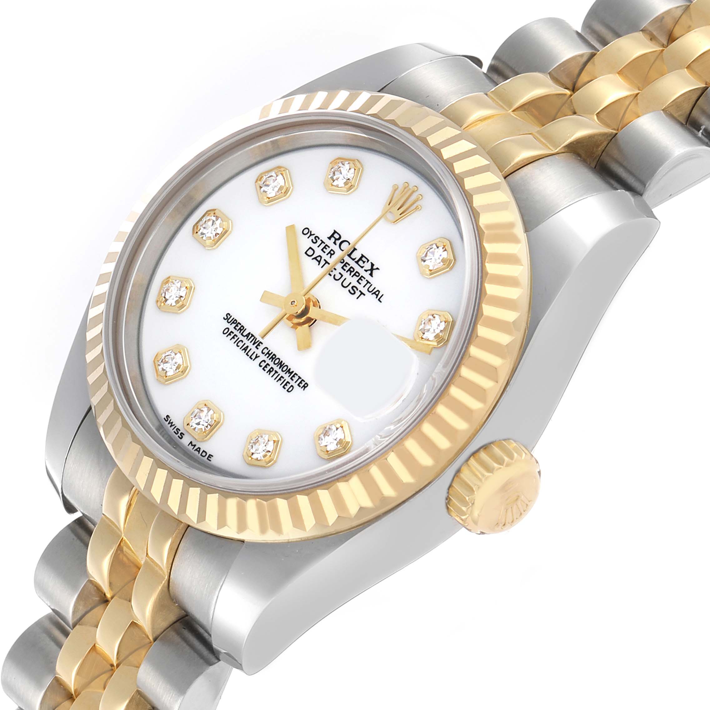 The Rolex Datejust 179173 Women's Stainless Steel White Dial is shown at an angle highlighting its bezel, crown, and part of its jubilee bracelet.